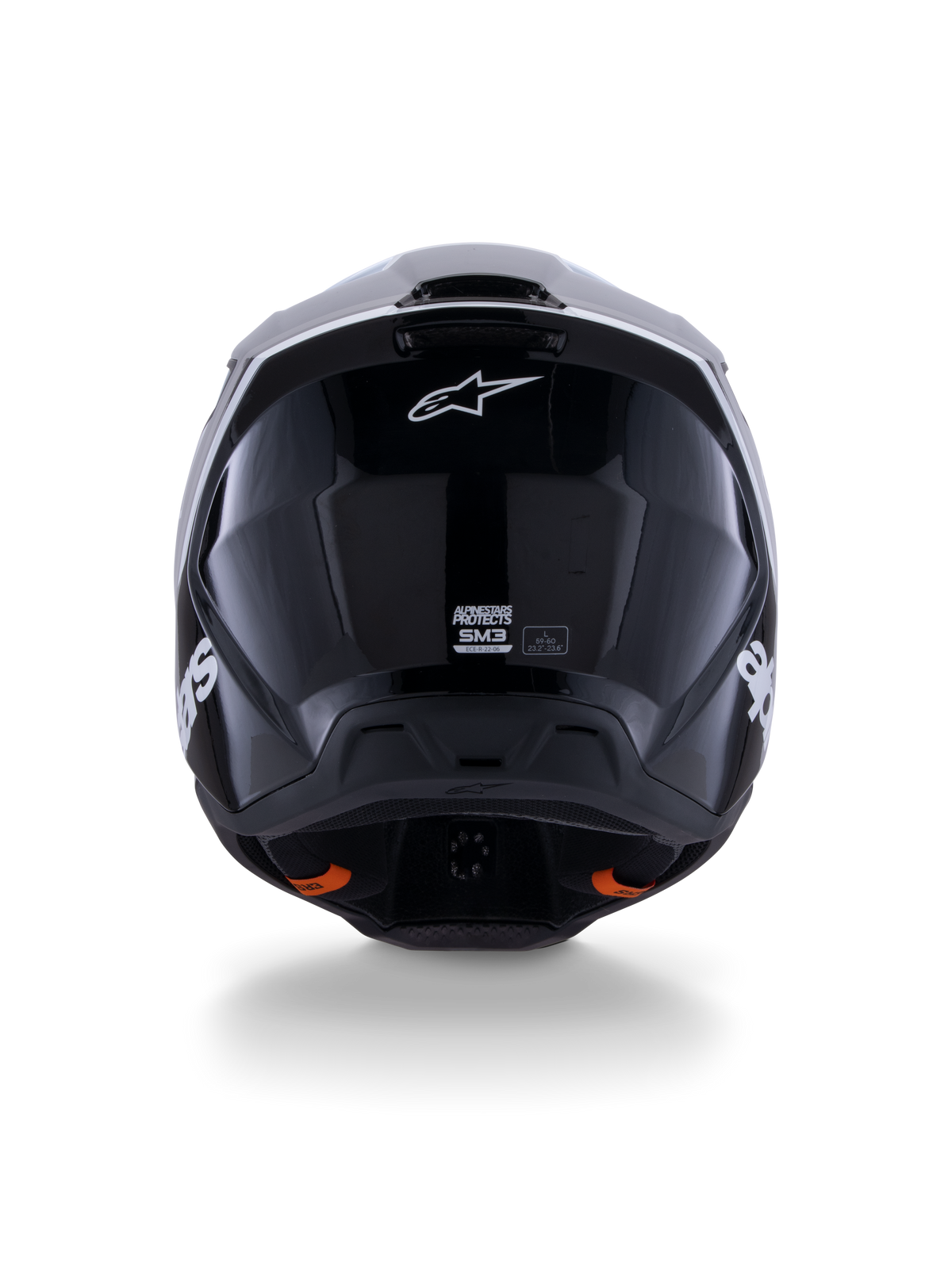 Alpinestars S-M3 Radium Helmet ECE 22.06, capacete de motocross, preto, branco e cinzento brilhante, vista traseira com acabamento preto brilhante, logótipo da estrela Alpinestars, aberturas de ventilação e etiqueta de certificação ECE