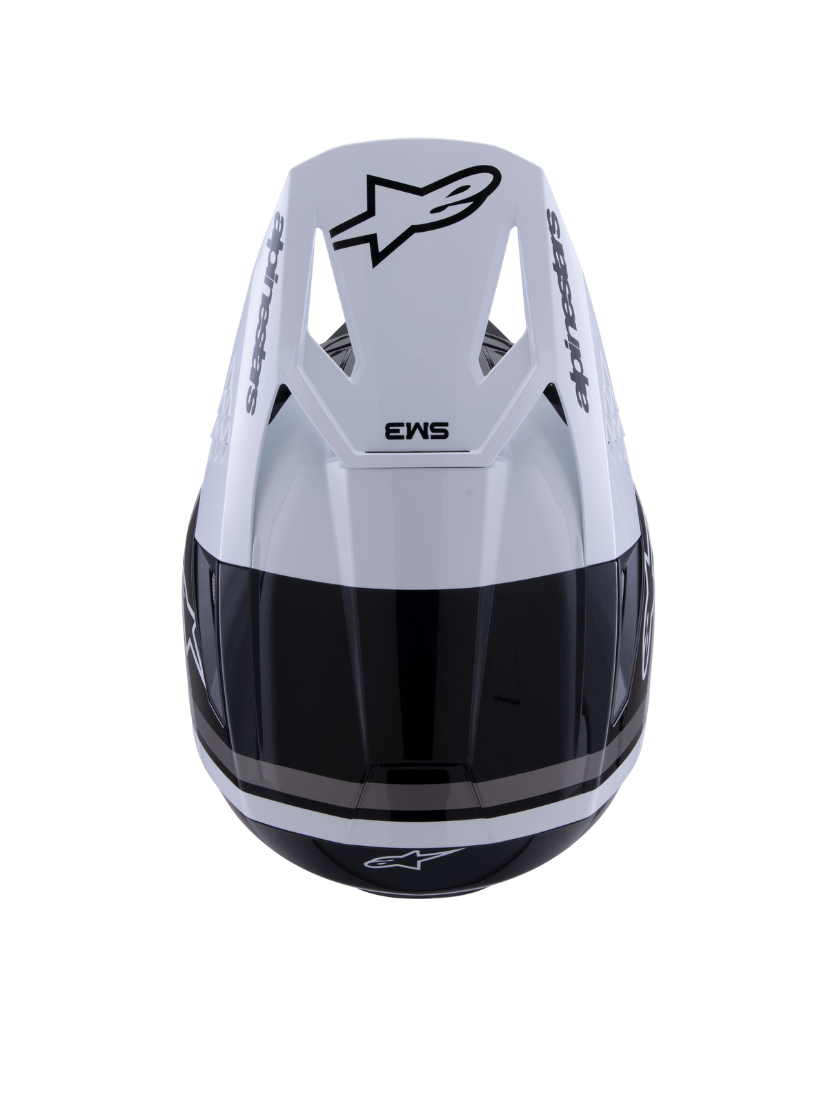 Capacete Alpinestars S-M3 Radium, capacete de motocross, preto, branco e cinzento brilhante, vista superior mostrando a viseira branca com o logótipo Astar preto e marca SM3, acabamento brilhante com aberturas de ventilação, proteção de cabeça de alta performance para todo-o-terreno