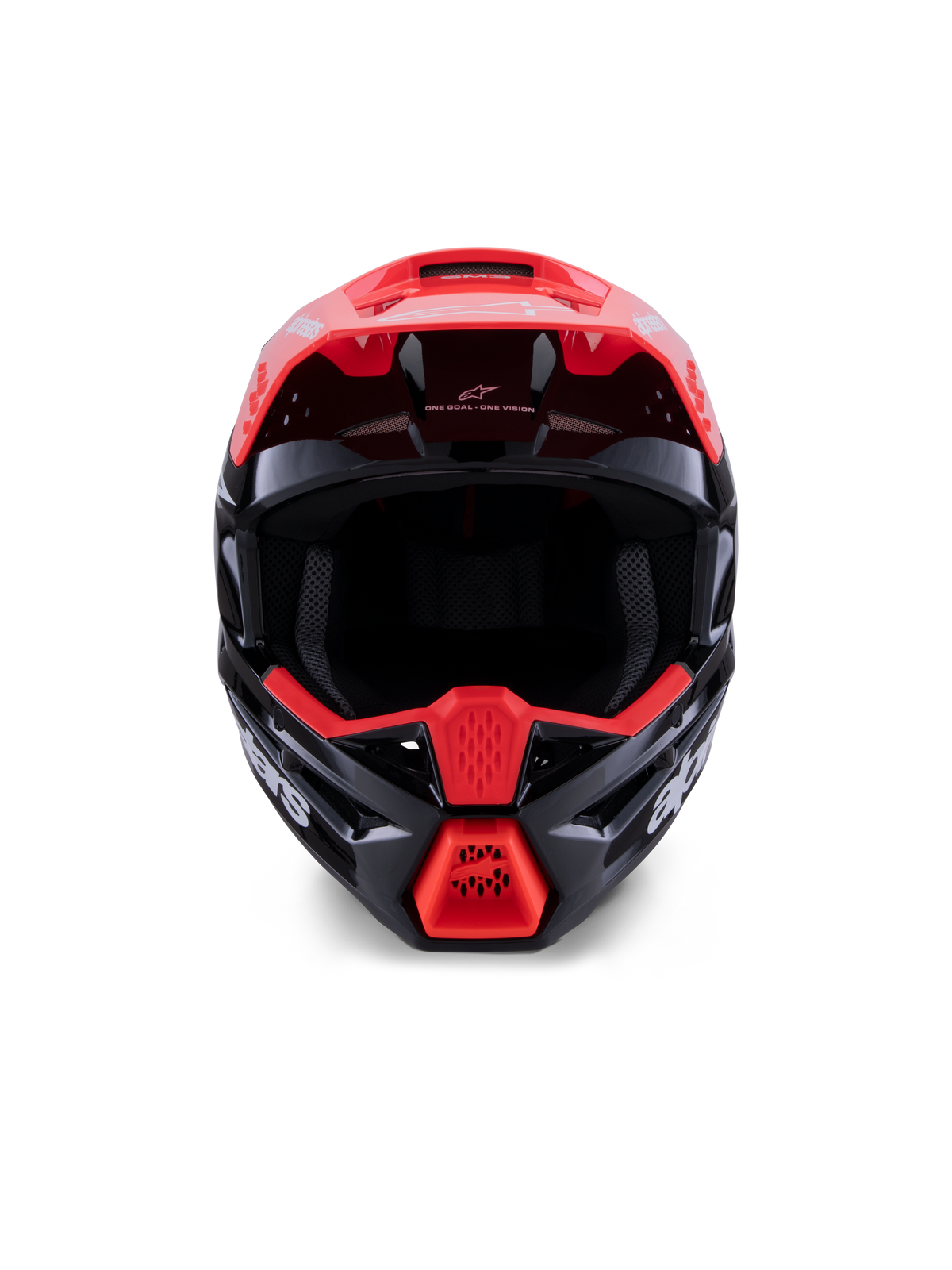 Alpinestars S-M3 Radium Helmet ECE 22.06, capacete de motocross, preto brilhante com detalhes em vermelho fluorescente e branco, vista frontal exibindo a calota aerodinâmica, viseira integrada e queixeira de proteção com logótipo Alpinestars em destaque.
