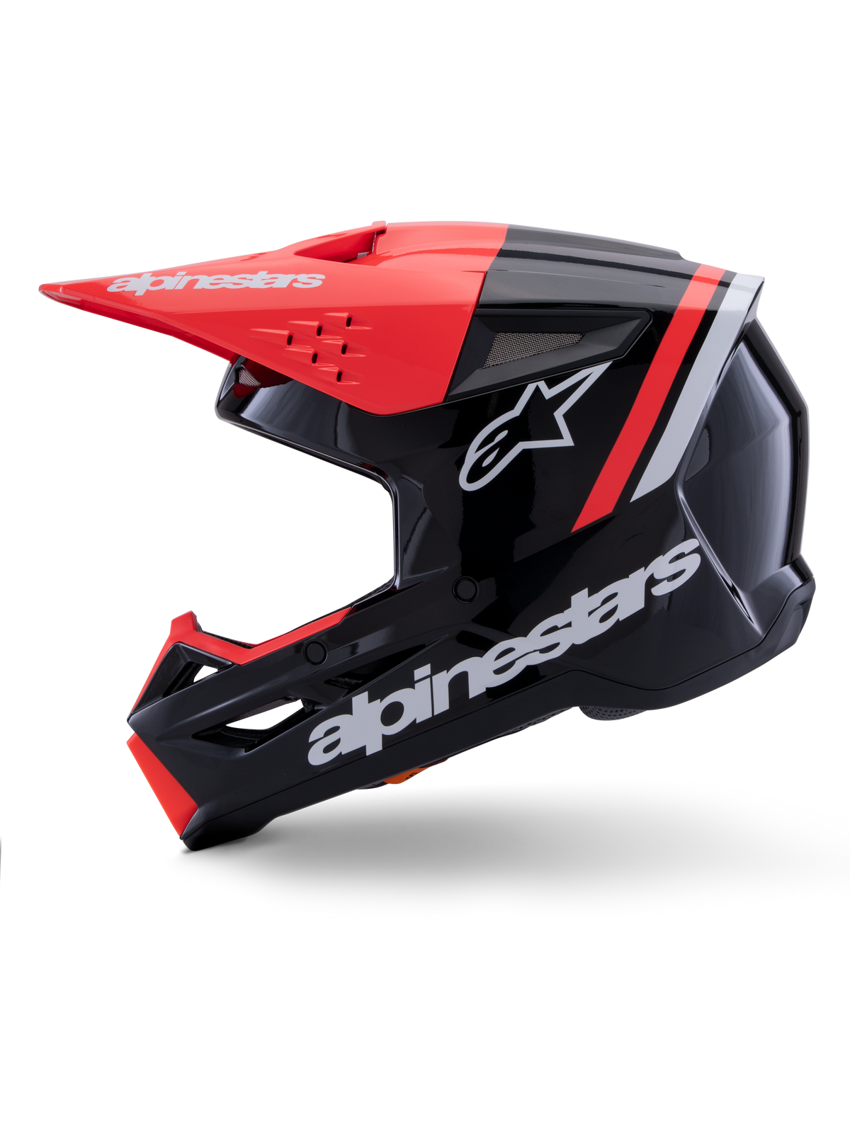 Capacete Alpinestars S-M3 Radium, capacete de motocross, preto, vermelho fluo e branco brilhante, vista de perfil, com marca Alpinestars e logótipo de estrela em branco, pala e detalhes da queixeira em vermelho fluo, acabamento brilhante, concebido para MX e Enduro