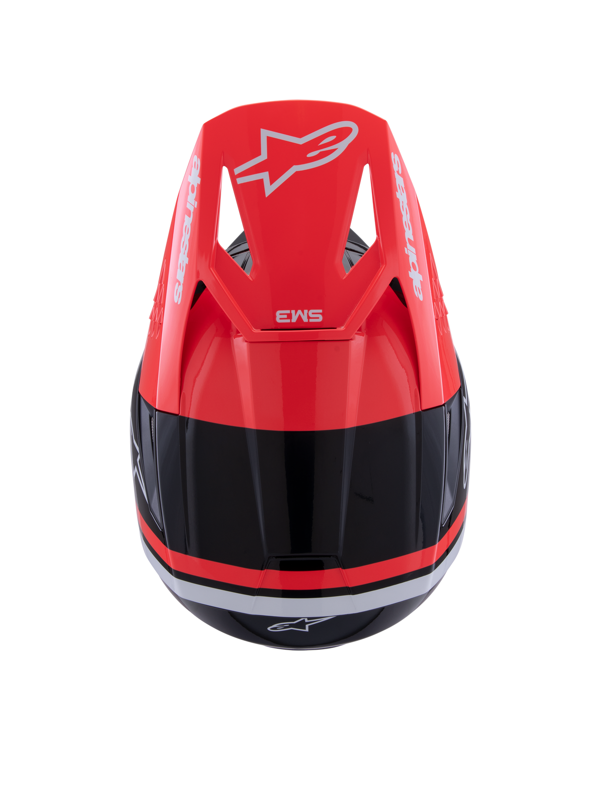 Capacete Alpinestars S-M3 Radium, capacete de motocross, preto, vermelho fluo e branco brilhante, vista superior com destaque para a viseira vermelho fluo com logótipo Alpinestars branco e design aerodinâmico elegante.