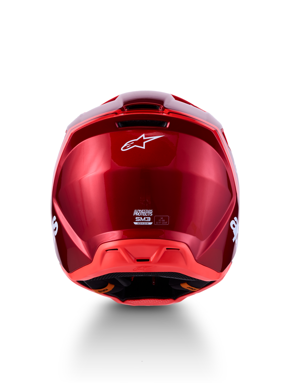 Capacete Alpinestars SM3 Radium ECE06, vista traseira em vermelho brilhante e fluo, com certificação ECE 22.06.