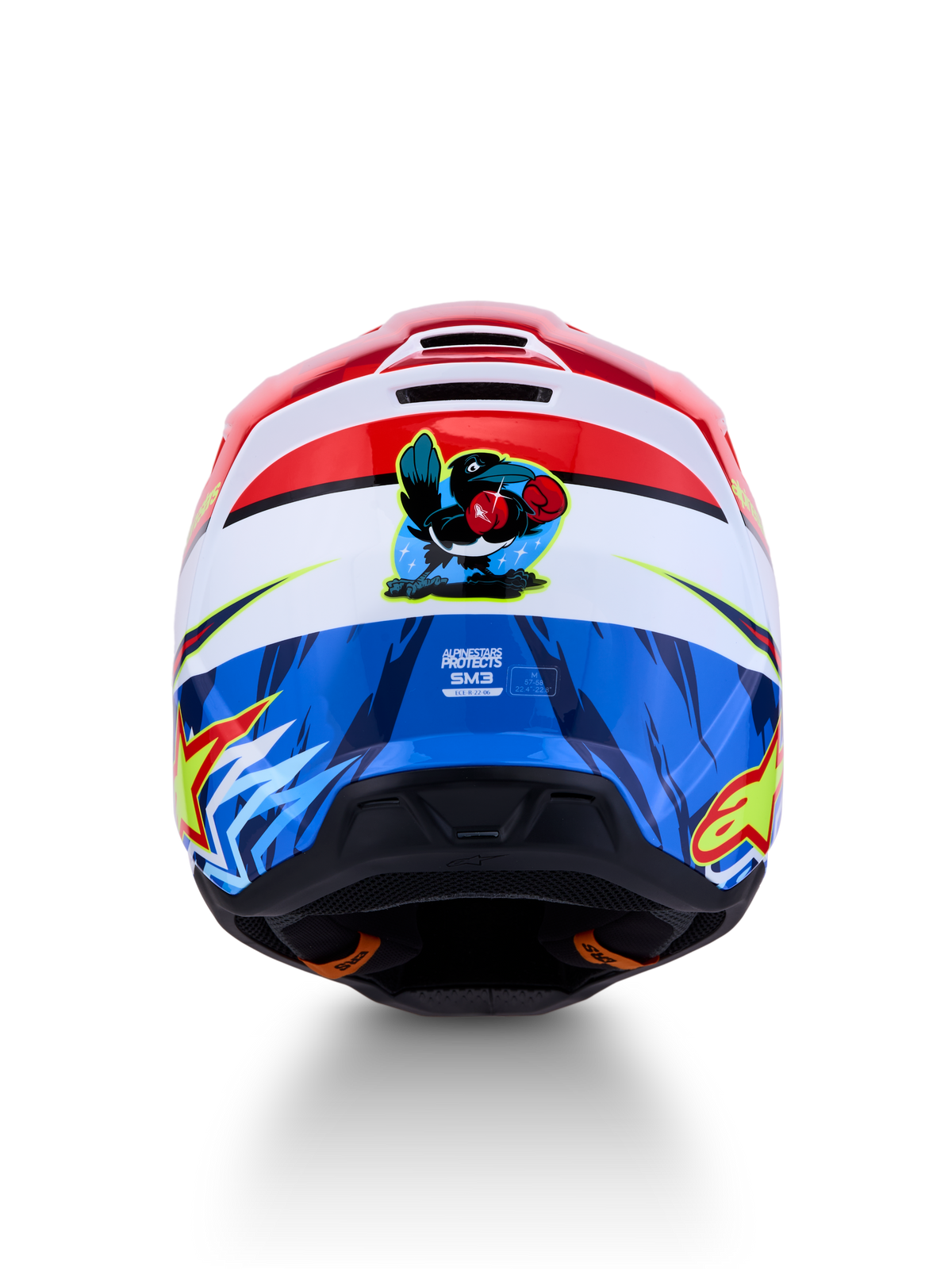Alpinestars SM3 Falcon, capacete de motocross vermelho e azul, gráfico de falcão na parte traseira, certificado ECE 06