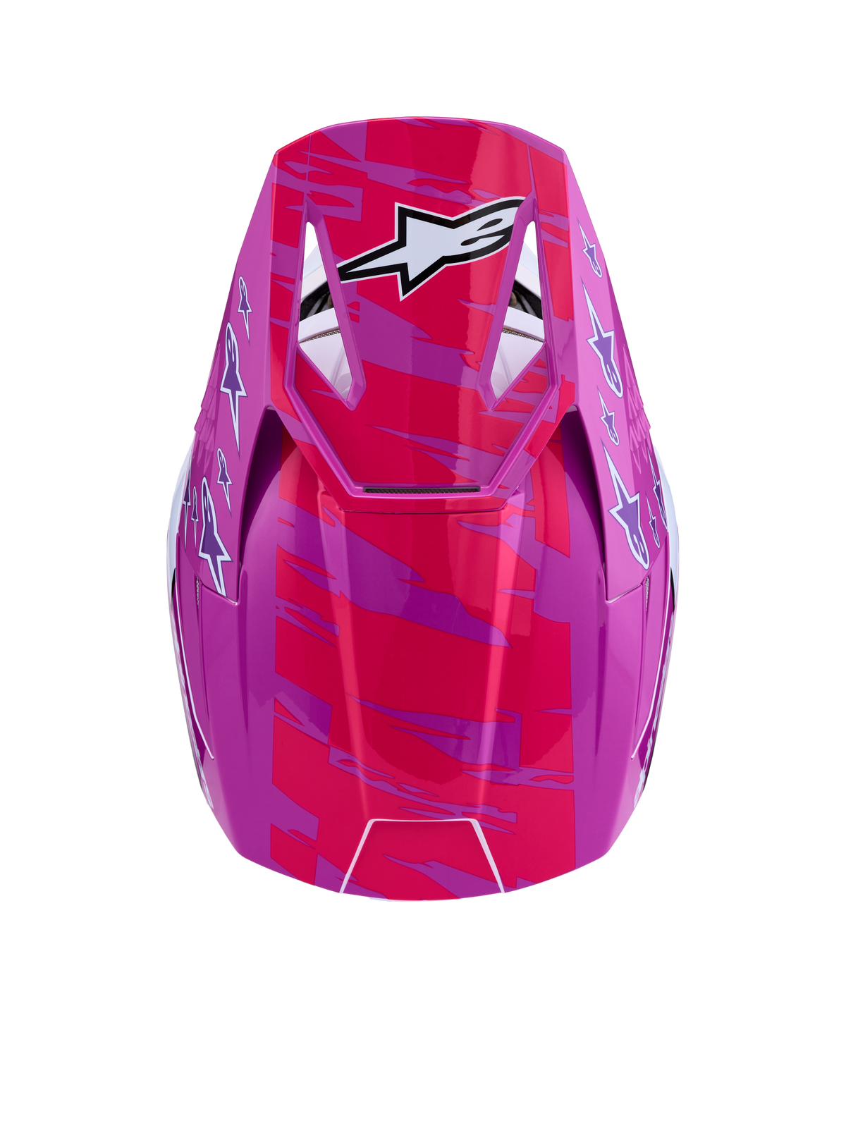 Capacete Alpinestars SM3 Falcon ECE06, motocross, rosa e roxo brilhante, grafismos brancos, vista superior do visor