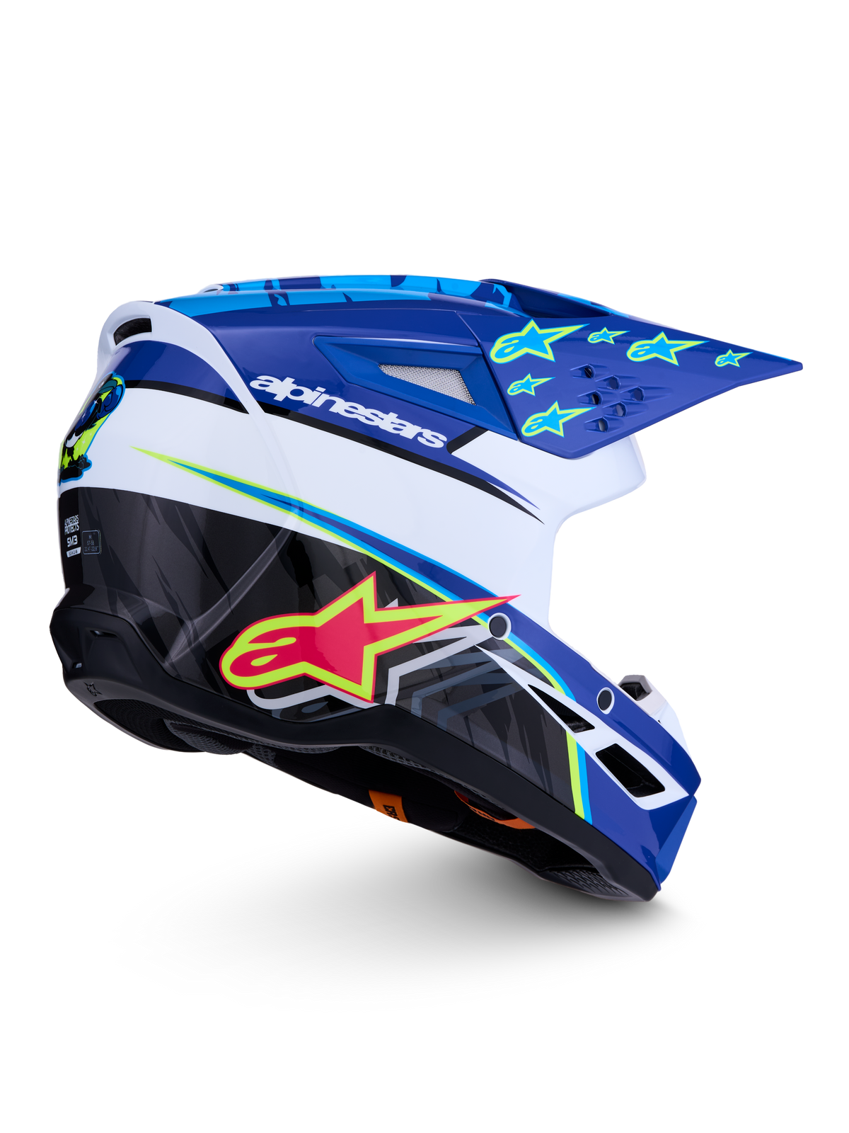 Alpinestars Capacete SM3 Falcon ECE06, motocross, azul, branco e preto com detalhes amarelo fluo e acabamento brilhante.