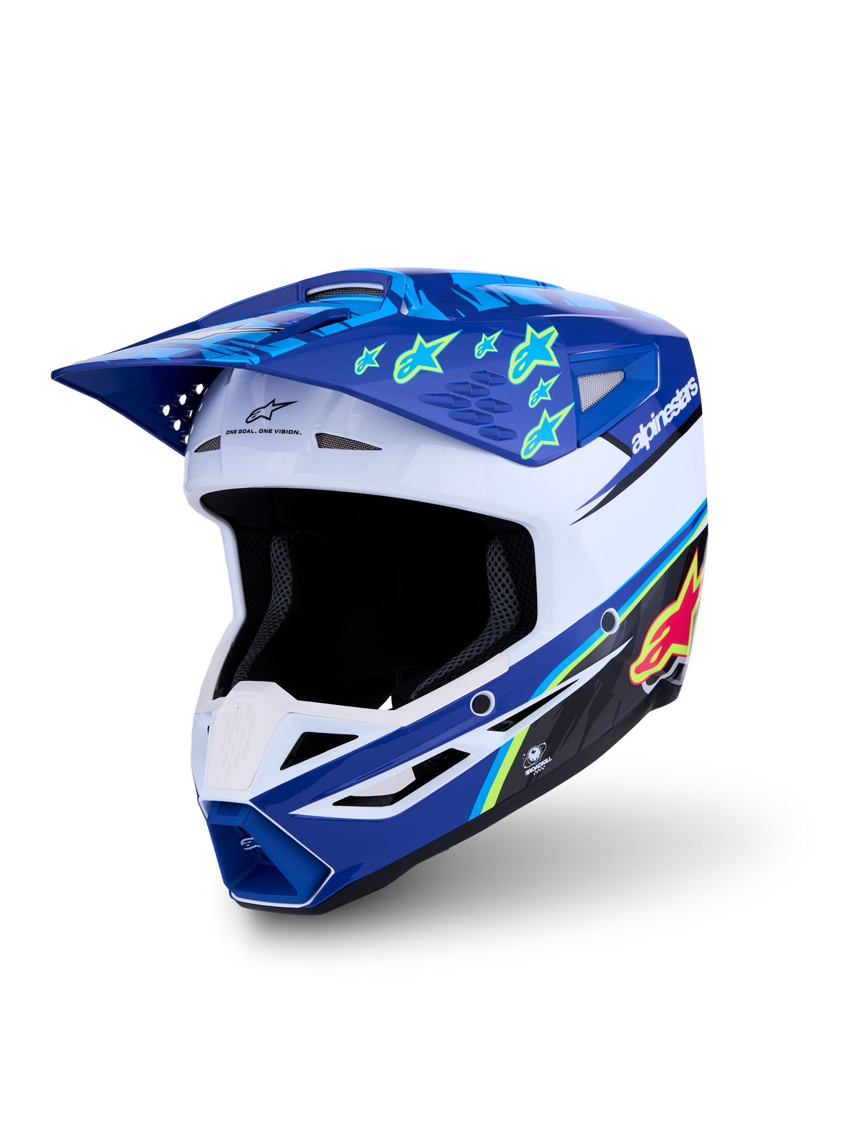 Alpinestars SM3 Falcon ECE06, capacete de motocross azul e branco com gráficos de estrelas amarelas, certificado ECE 22.06.