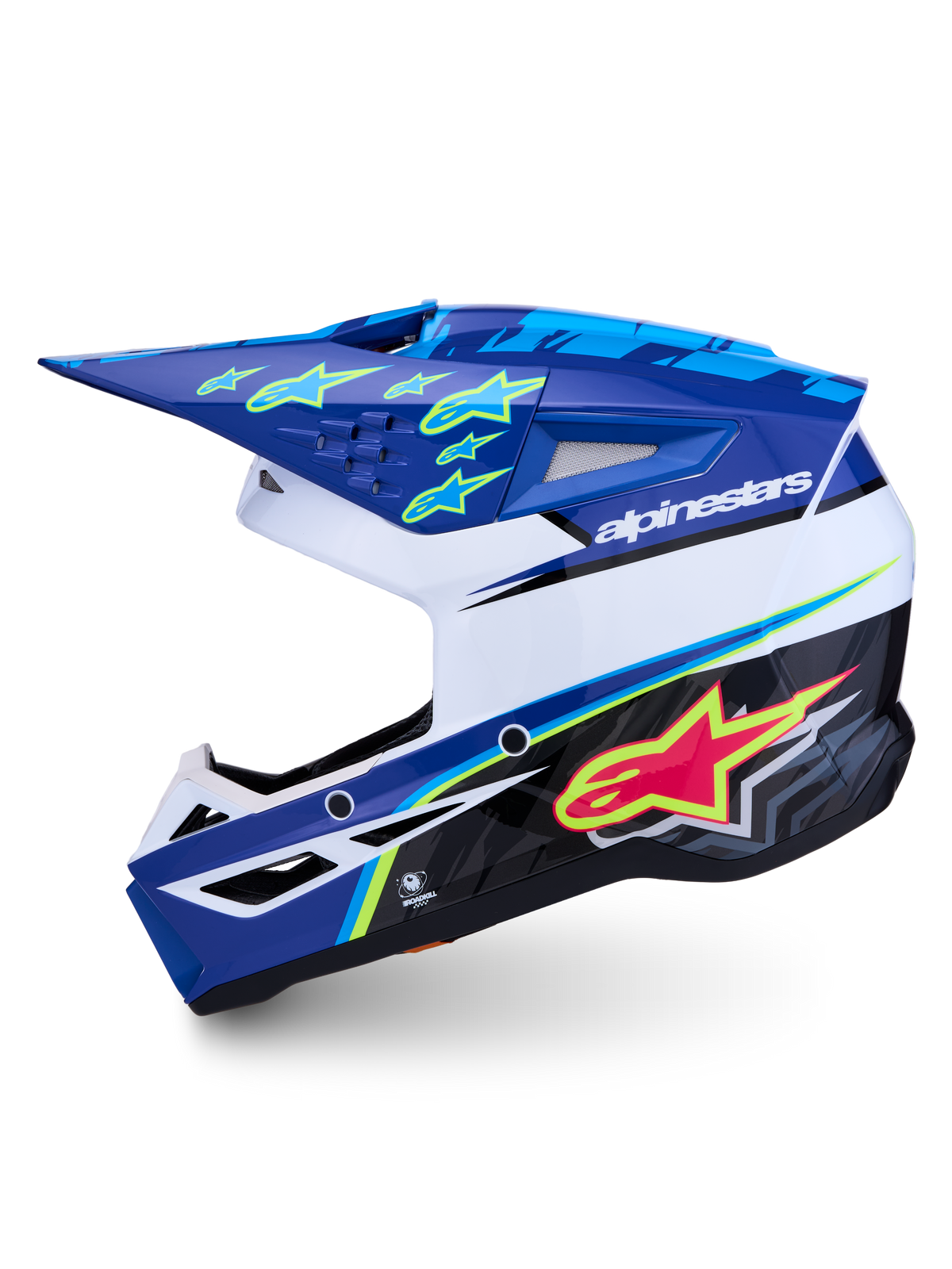 Alpinestars SM3 Falcon ECE06, capacete de motocross em azul e branco, gráficos rosa e amarelo fluo, homologação ECE 22.06