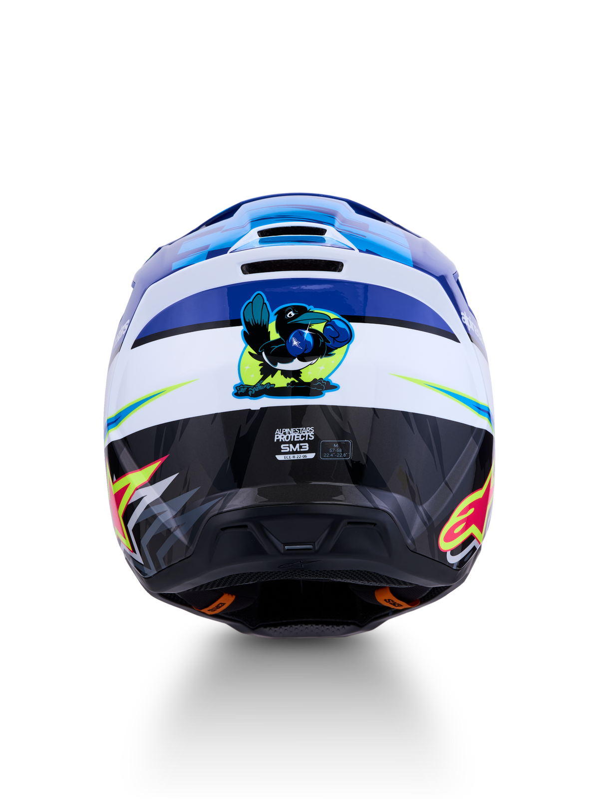 Alpinestars SM3 Falcon ECE06, capacete de motocross azul e branco, vista traseira com gráfico de pássaro boxeador e certificação ECE.