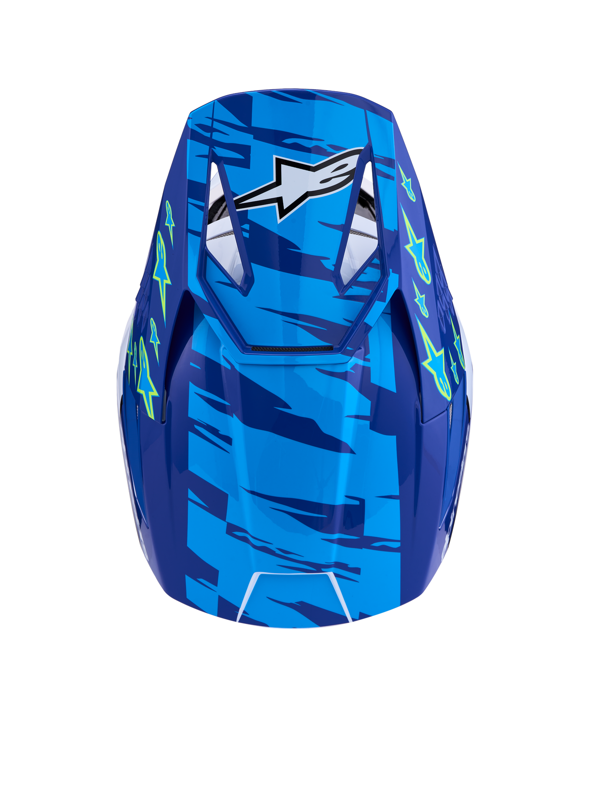 Alpinestars SM3 Falcon ECE06, capacete MX azul e amarelo fluo, vista superior com visor ventilado, certificado ECE 22.06