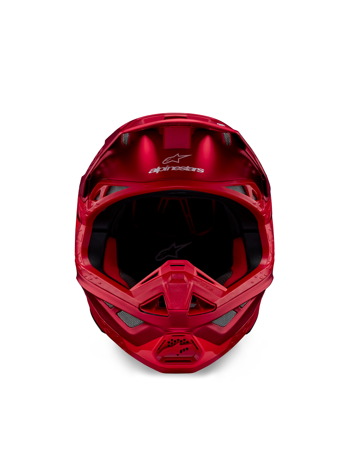 Capacete Alpinestars Supertech M10 Flood, capacete de motocross, Vermelho Fluo e Vermelho Mate/Brilhante, vista frontal que mostra o perfil aerodinâmico com múltiplas aberturas de ventilação, logótipo Alpinestars na testa e forro interior vermelho, equipamento de corrida off-road profissional