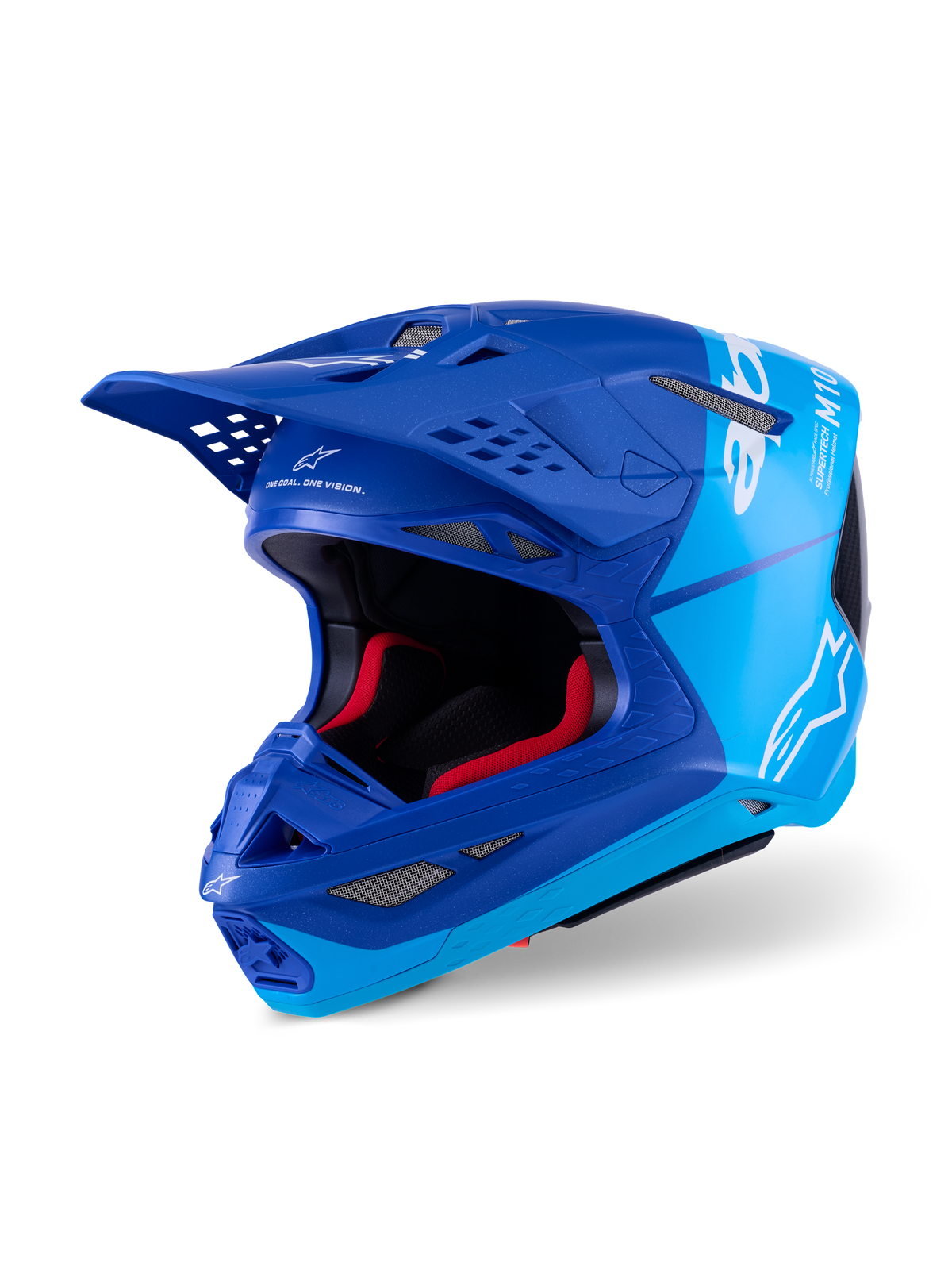 Capacete Alpinestars Supertech M10 Flood, capacete de motocross, azul metalizado e azul médio com detalhes em fibra de carbono preta, com logótipos brancos e marca M10, múltiplas aberturas de ventilação e acolchoamento interior vermelho, concebido para desempenho profissional de todo-o-terreno