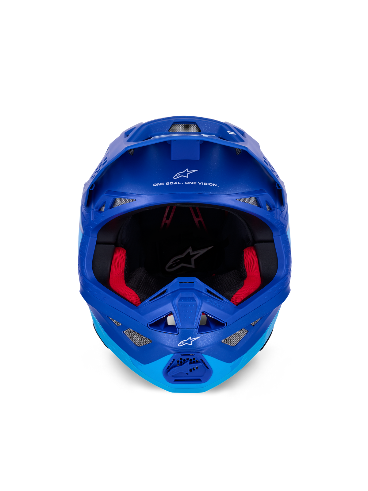 Alpinestars Supertech M10 Flood Helmet ECE, capacete de motocross, azul metálico e azul médio com detalhes em carbono preto, vista frontal mostrando a queixeira e a abertura para os olhos, logótipos e texto Alpinestars a branco, forro interior vermelho, proteção profissional para off-road