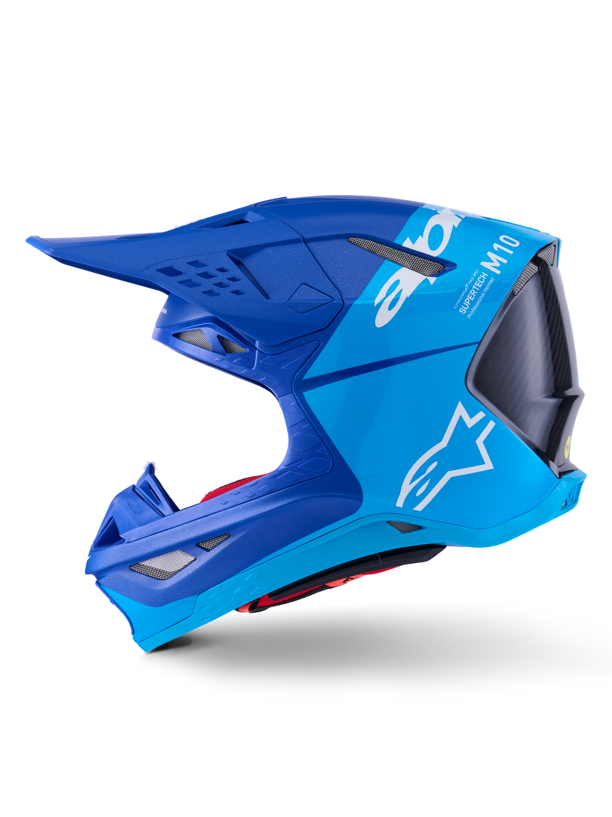 Capacete Alpinestars Supertech M10 Flood, capacete de motocross, azul metálico e azul médio com carbono preto, vista de perfil lateral mostrando acabamentos mate e brilhante, logótipo Alpinestars branco e marca Supertech M10, proteção de cabeça avançada para competição off-road