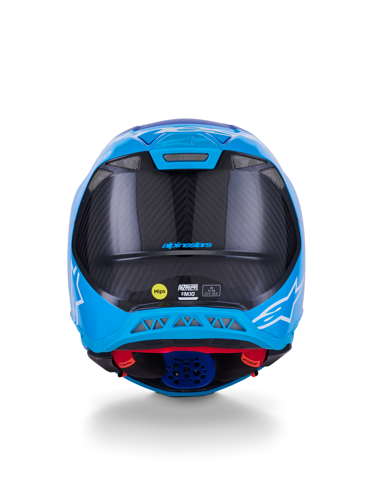 Capacete Alpinestars Supertech M10 Flood, capacete de motocross, azul metálico e azul médio com fibra de carbono preta, vista traseira exibindo a textura de carbono 3K, logótipos de estrela brancos, autocolante MIPS e saídas de ventilação