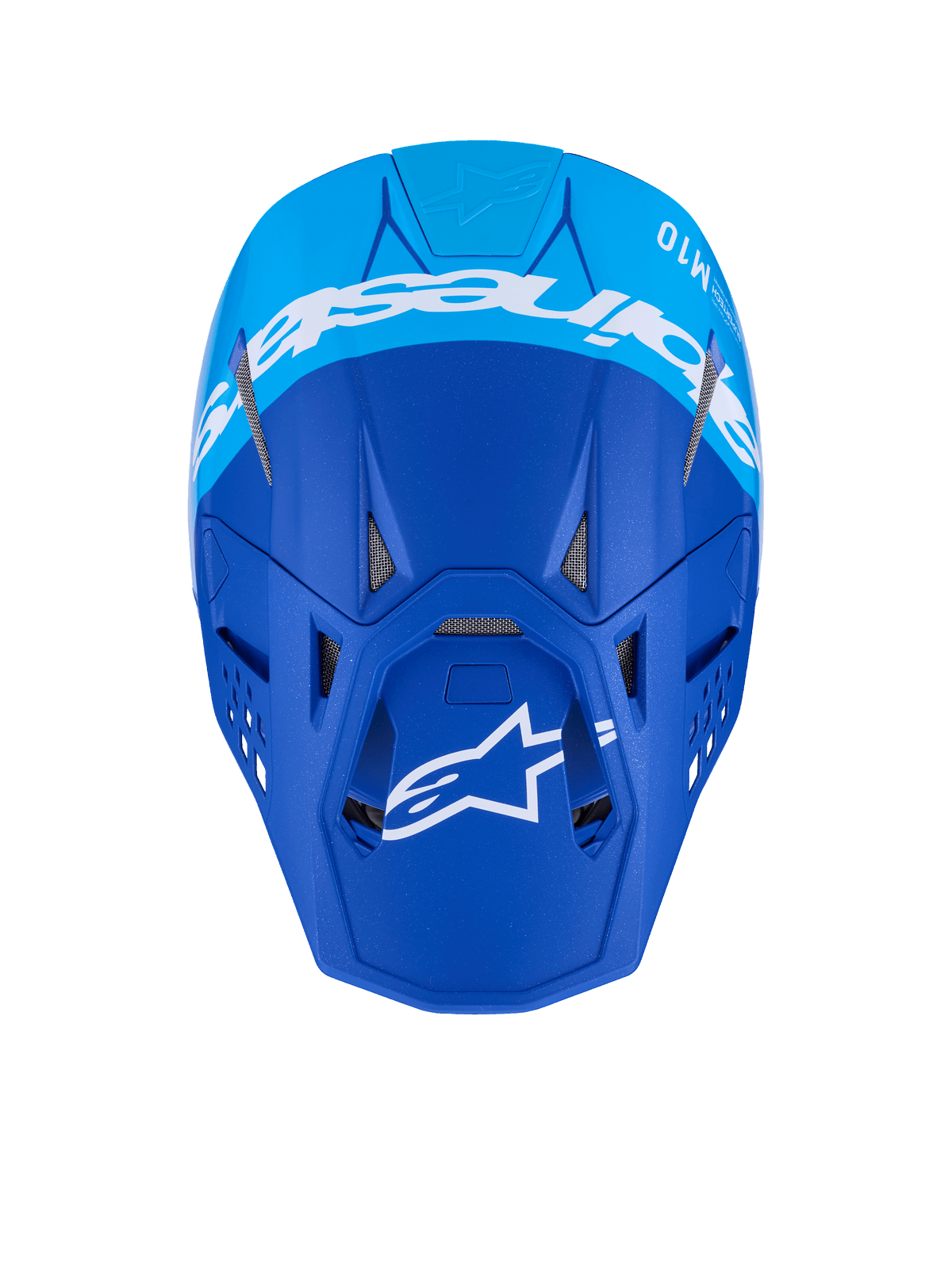 Capacete Alpinestars Supertech M10 Flood, capacete de motocross, azul escuro e azul claro, vista superior com marca Alpinestars em branco e aberturas de ventilação, acabamento mate, capacete de corrida profissional todo-o-terreno