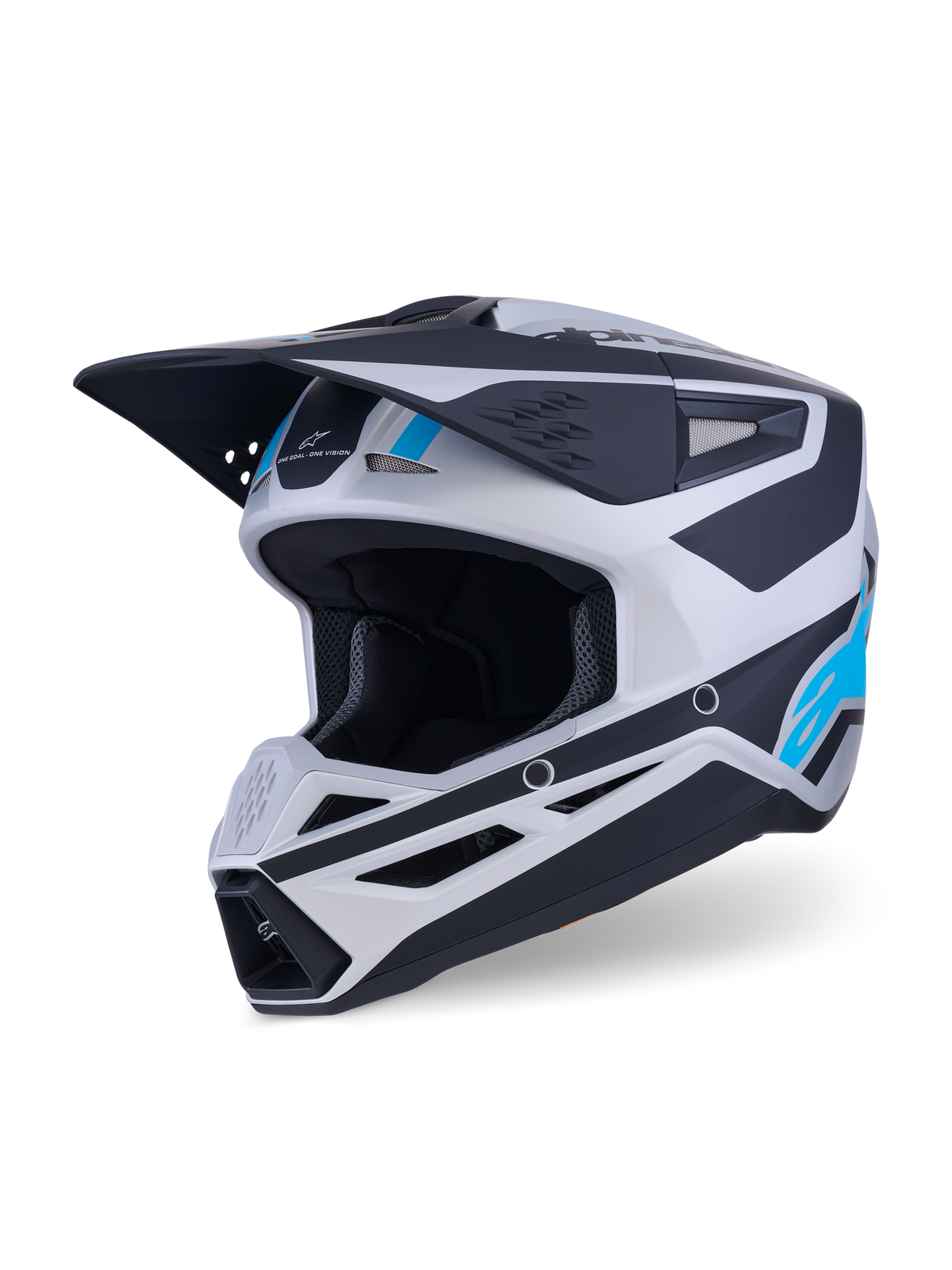 Capacete Alpinestars S-M3 Heat, capacete de motocross, prateado, azul e preto mate, com viseira aerodinâmica, múltiplas aberturas de ventilação e detalhes gráficos arrojados, equipamento de proteção para motociclismo todo-o-terreno