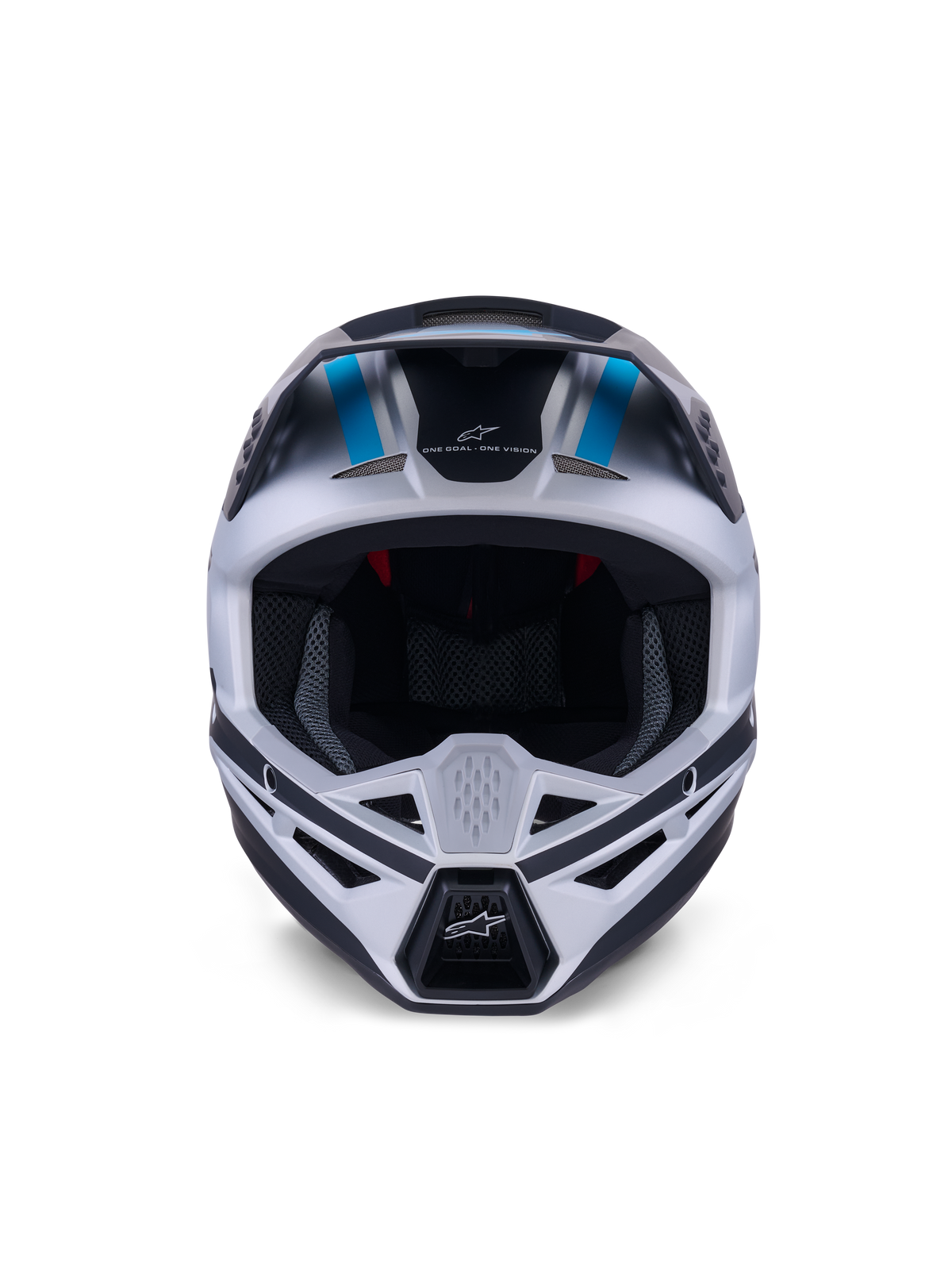 Capacete Alpinestars S-M3 Heat, capacete de motocross, prateado, azul e preto mate, vista frontal destacando o sistema de ventilação, ampla abertura para os olhos e forro interior em malha, com o slogan da marca 'ONE GOAL ONE VISION' na testa.