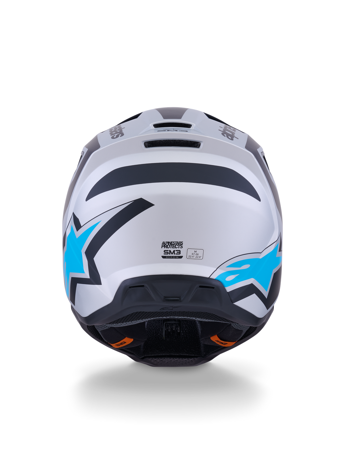 Alpinestars S-M3 Heat Helmet, capacete de motocross, prateado, azul e preto mate, vista traseira com logótipos de estrela em azul vivo, acabamento mate e aberturas de ventilação integradas.