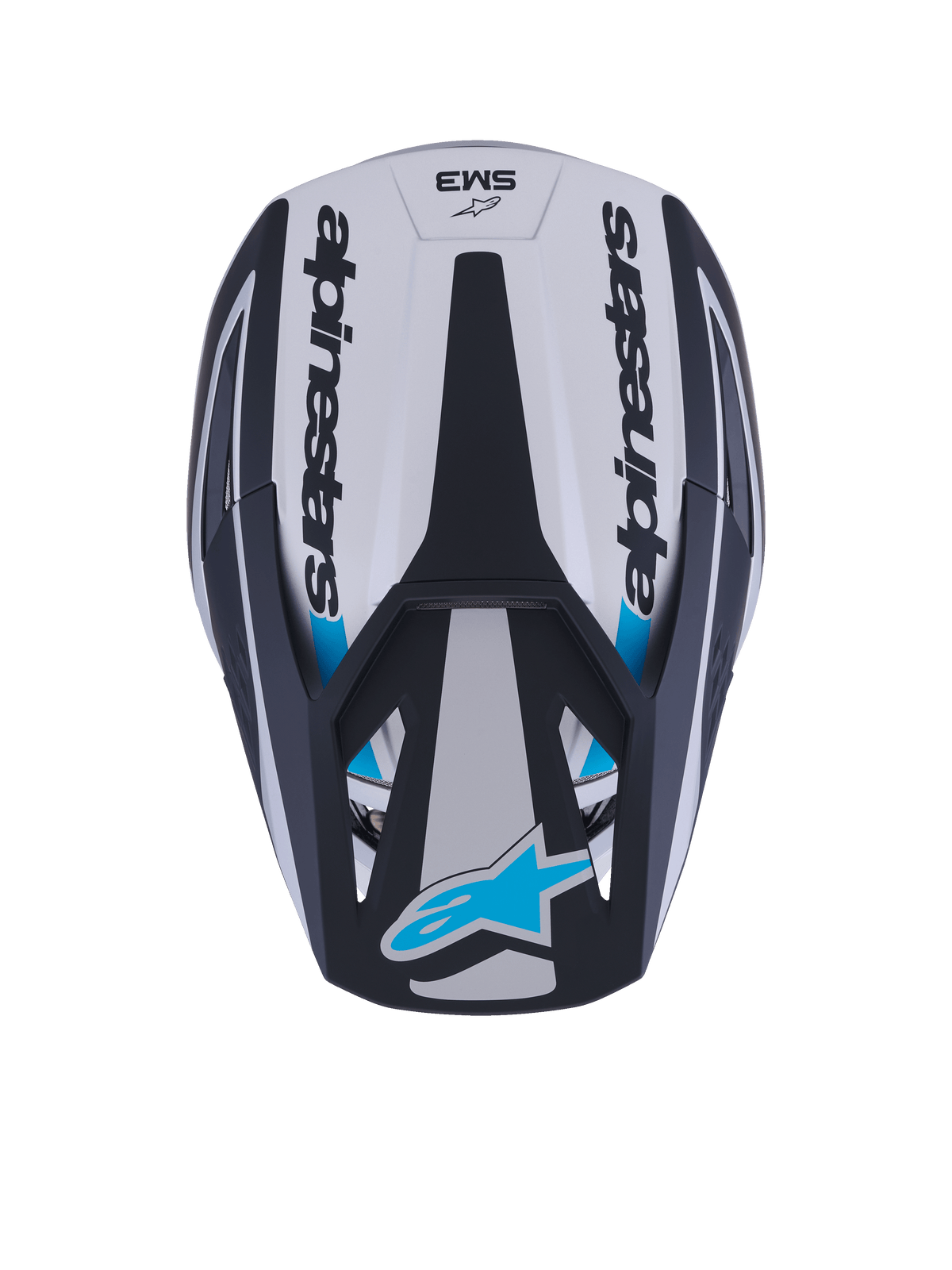 Capacete Alpinestars S-M3 Heat, capacete de motocross, vista superior, prateado, azul e preto mate, com logótipo Alpinestars nas laterais, logótipo Astar azul na pala, design aerodinâmico com acabamento mate
