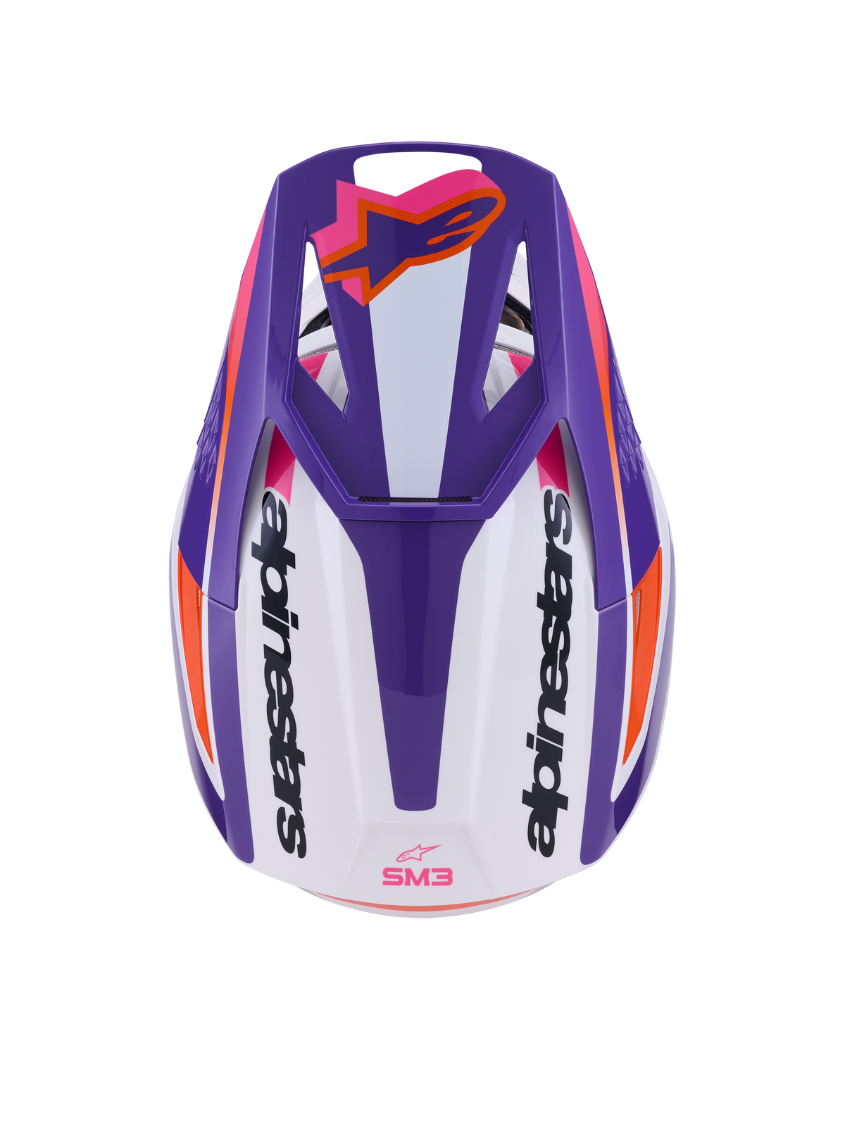 Alpinestars S-M3 Heat Helmet ECE 22.06, Motocross Helmet, White Purple and Pink Glossy, top-down view showing vented visor with orange Astars logo and side branding, glossy finish with bold graphics