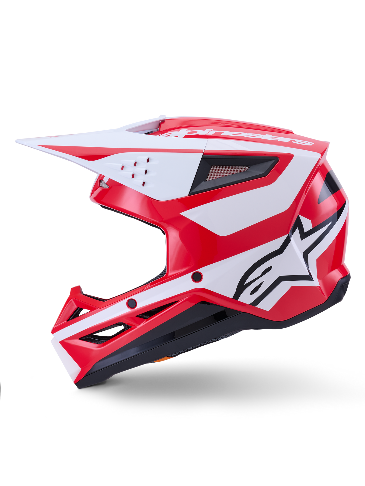 Alpinestars S-M3 Heat Helmet, red and white glossy motocross helmet, ECE certified, side profile view.