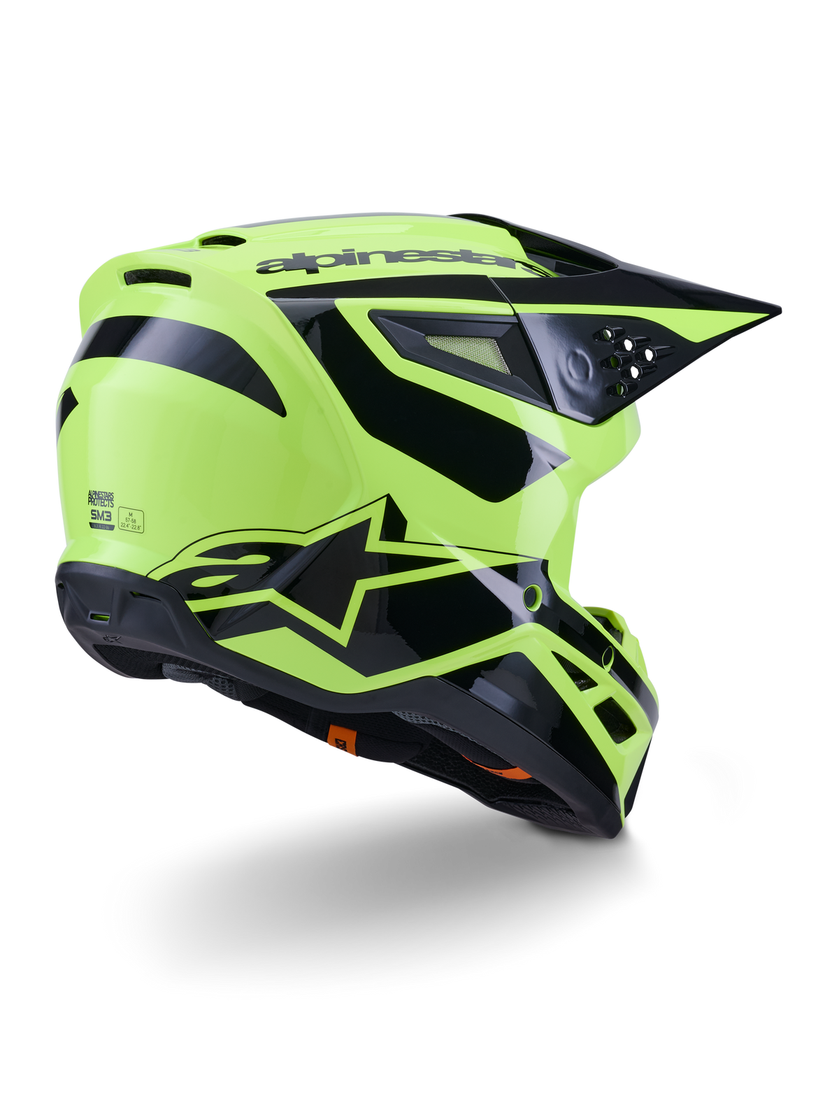 Alpinestars S-M3 Heat Helmet, Motocross Helmet, Yellow Fluo and Black Glossy, rear three-quarter view featuring an aerodynamic shell with integrated ventilation ports and bold black Alpinestars branding, high-gloss finish for off-road performance.