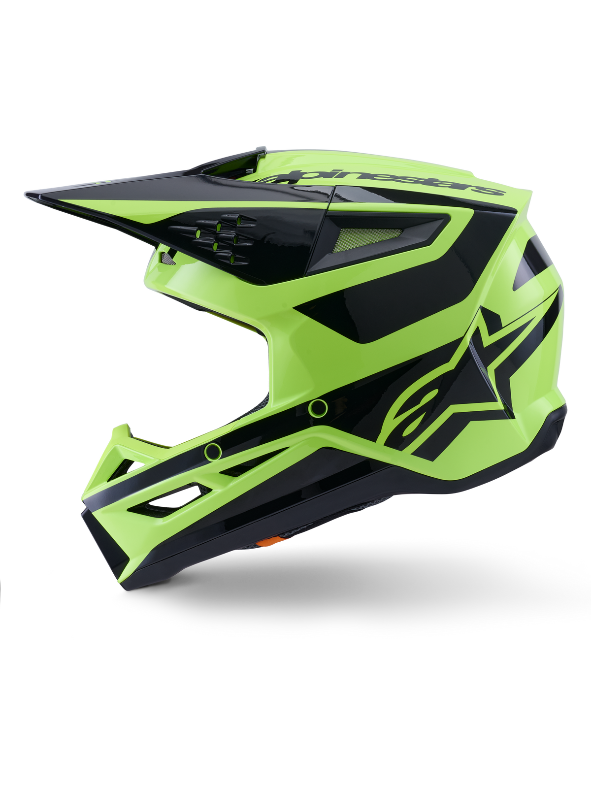 Alpinestars S-M3 Heat Helmet, Motocross Helmet, Yellow Fluo and Black Glossy, side profile view, featuring an angular thermo-injected shell, integrated visor, ventilation ports, and bold Alpinestars branding, designed for off-road performance