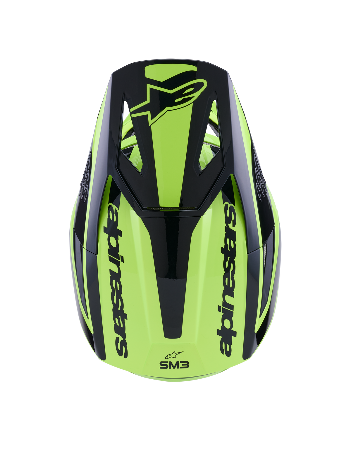 Alpinestars S-M3 Heat Helmet, Motocross Helmet, Yellow Fluo and Black Glossy, top view featuring a black visor with logo and Alpinestars branding on the sides, sleek thermo-injected shell for off-road racing