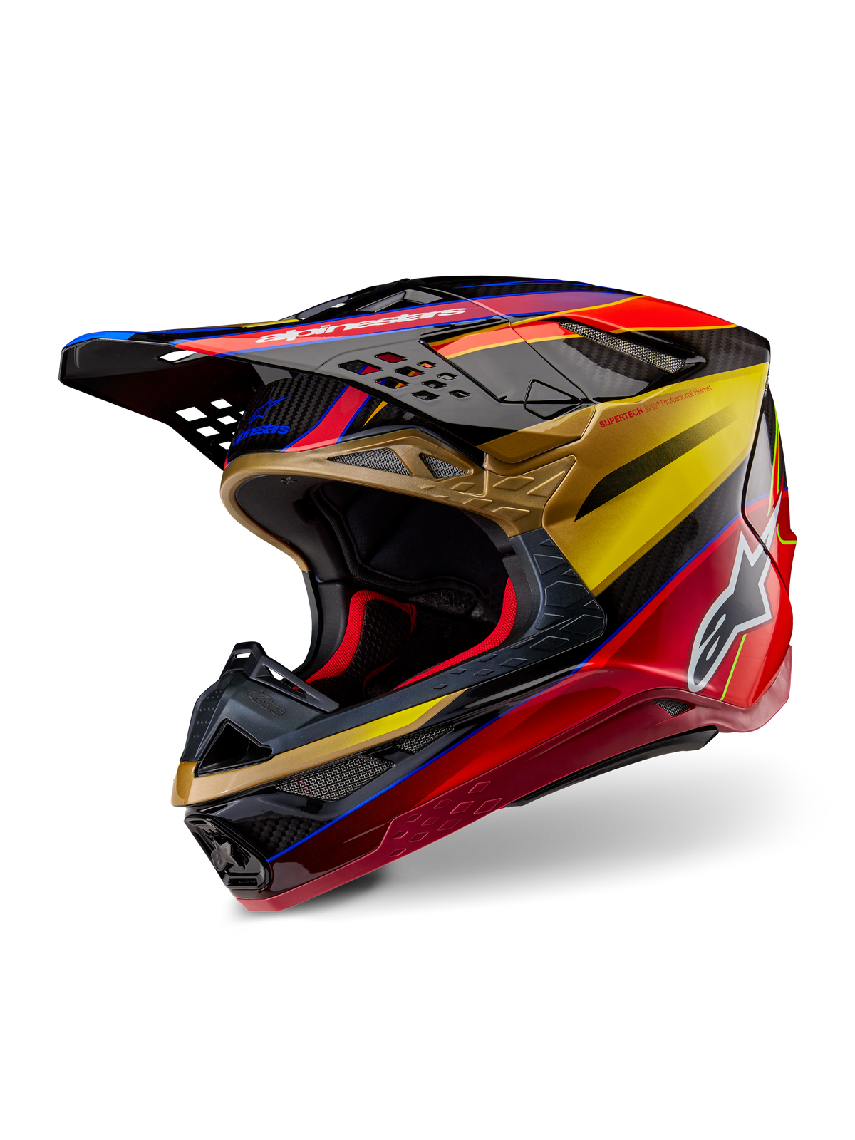 Capacete Alpinestars Supertech M10 Era, capacete de motocross, dourado, amarelo e vermelho rio brilhante, casco aerodinâmico elegante em fibra de carbono com gráficos vibrantes em vermelho e dourado, com múltiplas entradas e saídas de ar, logótipo Alpinestars branco e acabamento brilhante