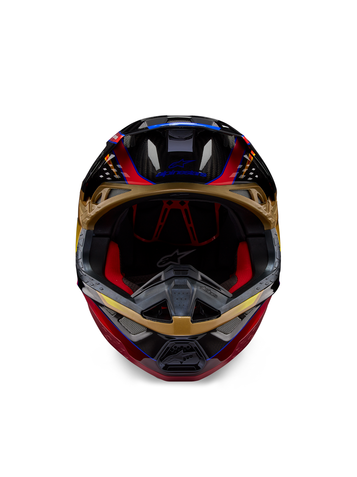 Capacete Alpinestars Supertech M10 Era, capacete de motocross, amarelo dourado e vermelho Rio brilhante, vista frontal mostrando detalhes do casco em fibra de carbono e acolchoamento interior vermelho, design aerodinâmico para corridas de todo-o-terreno