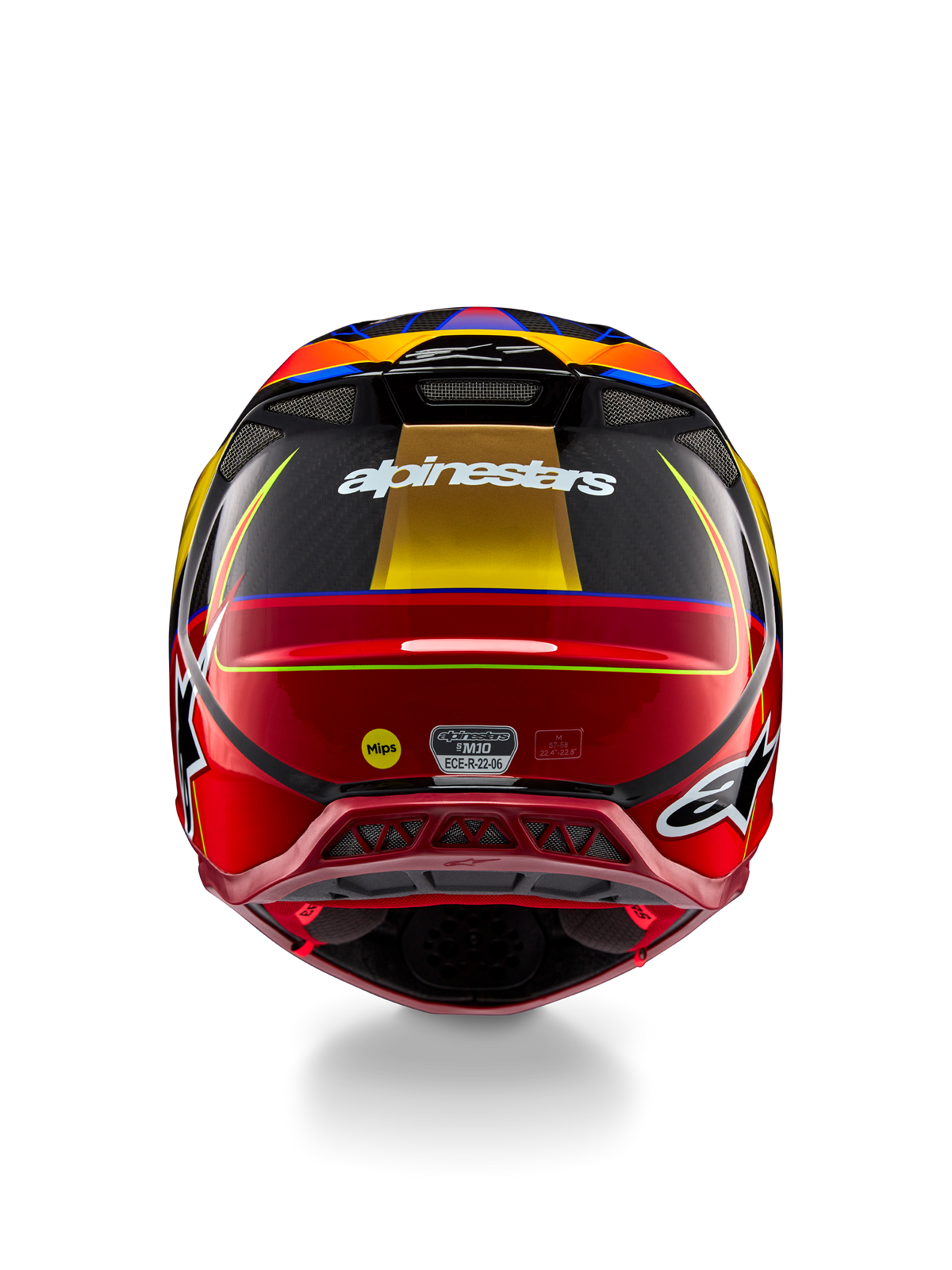 Capacete Alpinestars Supertech M10 Era, capacete de motocross, amarelo dourado e vermelho Rio brilhante, vista traseira com logótipo Alpinestars branco, logótipo MIPS e aberturas de ventilação aerodinâmicas, construção em fibra de carbono multi-compósito com detalhes azuis