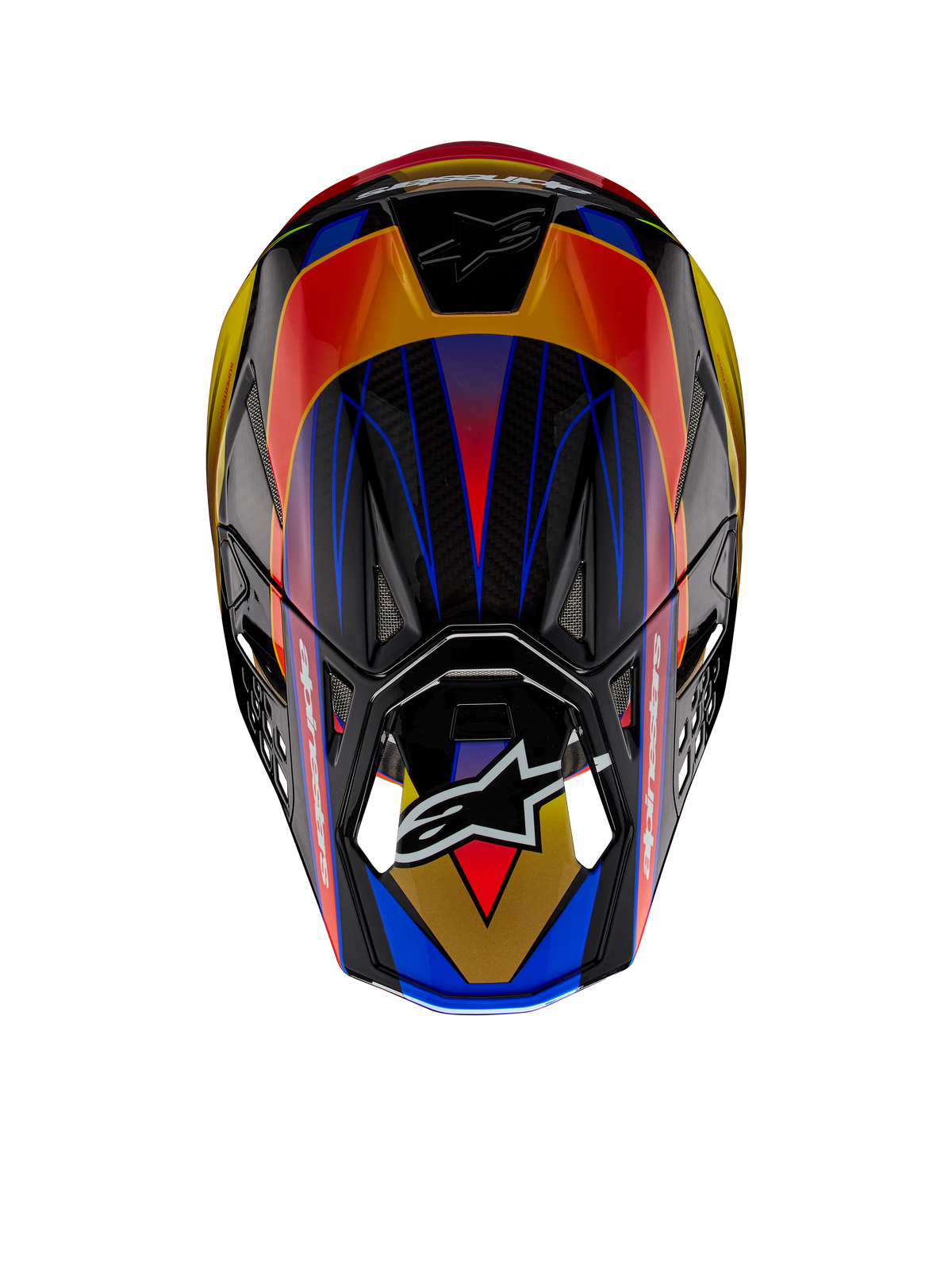 Alpinestars Supertech M10 Era ECE Helmet, capacete de motocross, Gold Yellow Rio Red Glossy, vista superior com padrões geométricos vibrantes em azul e amarelo, acabamento brilhante com textura de fibra de carbono visível, com o logótipo Alpinestars na viseira
