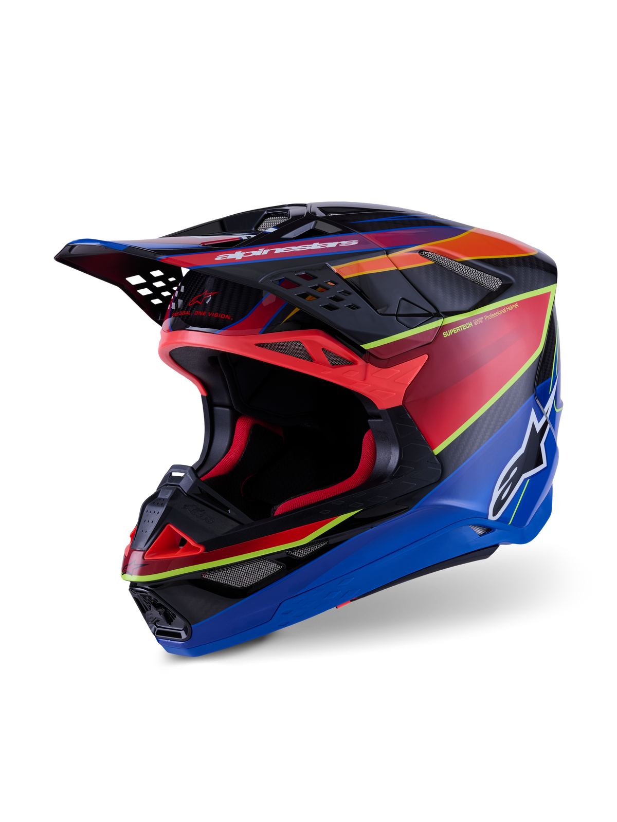 Capacete Alpinestars Supertech M10 Era, capacete de motocross, azul, vermelho e amarelo fluo brilhante, design de calota profissional em carbono multi-compósito com aberturas de ventilação avançadas e pala aerodinâmica para motocross.