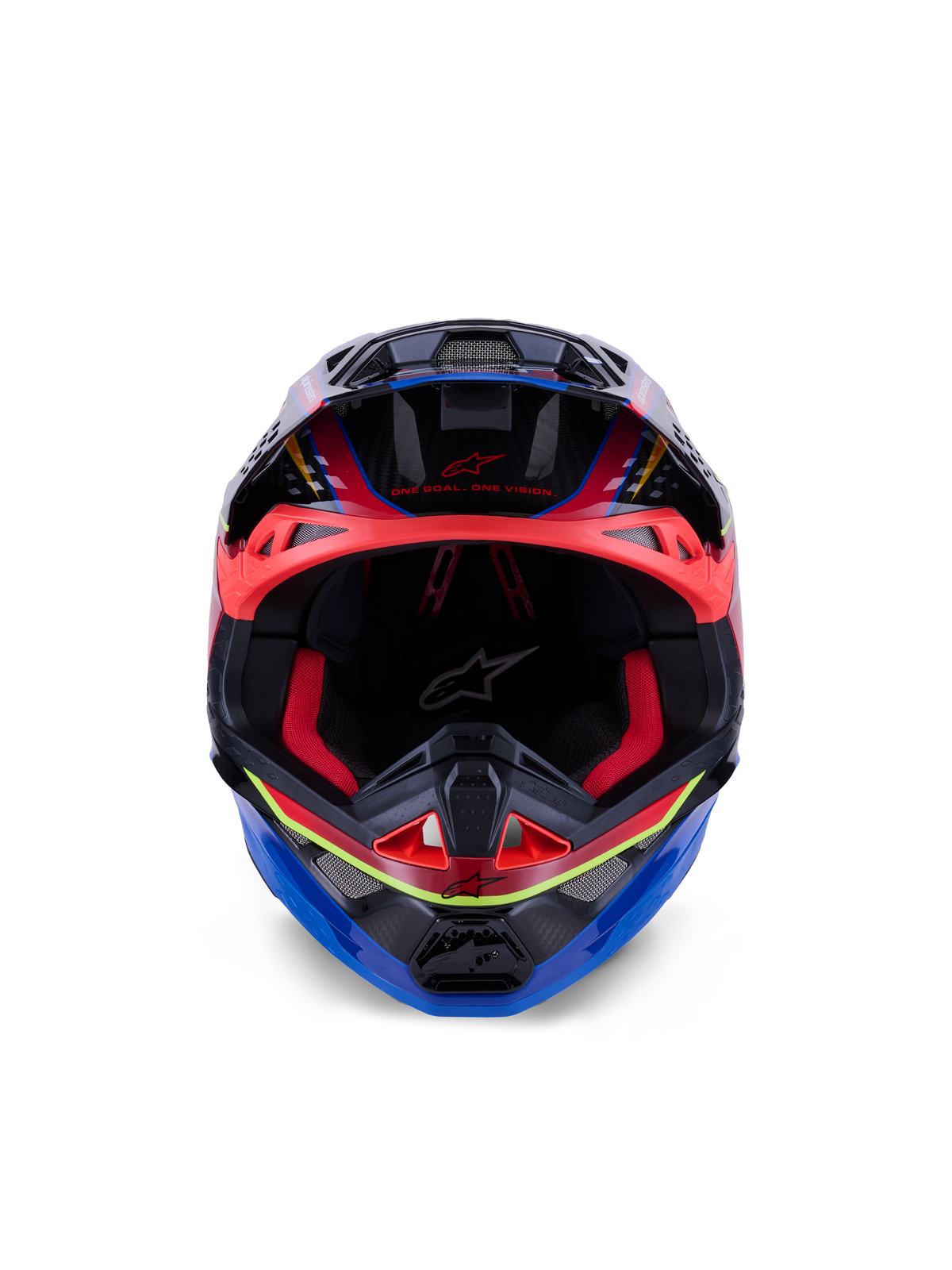 Capacete Alpinestars Supertech M10 Era, capacete de motocross, azul, vermelho e amarelo fluo brilhante, vista frontal mostrando o acolchoamento interior vermelho e entradas de ventilação agressivas, calota em carbono 3K brilhante com design aerodinâmico para corridas off-road