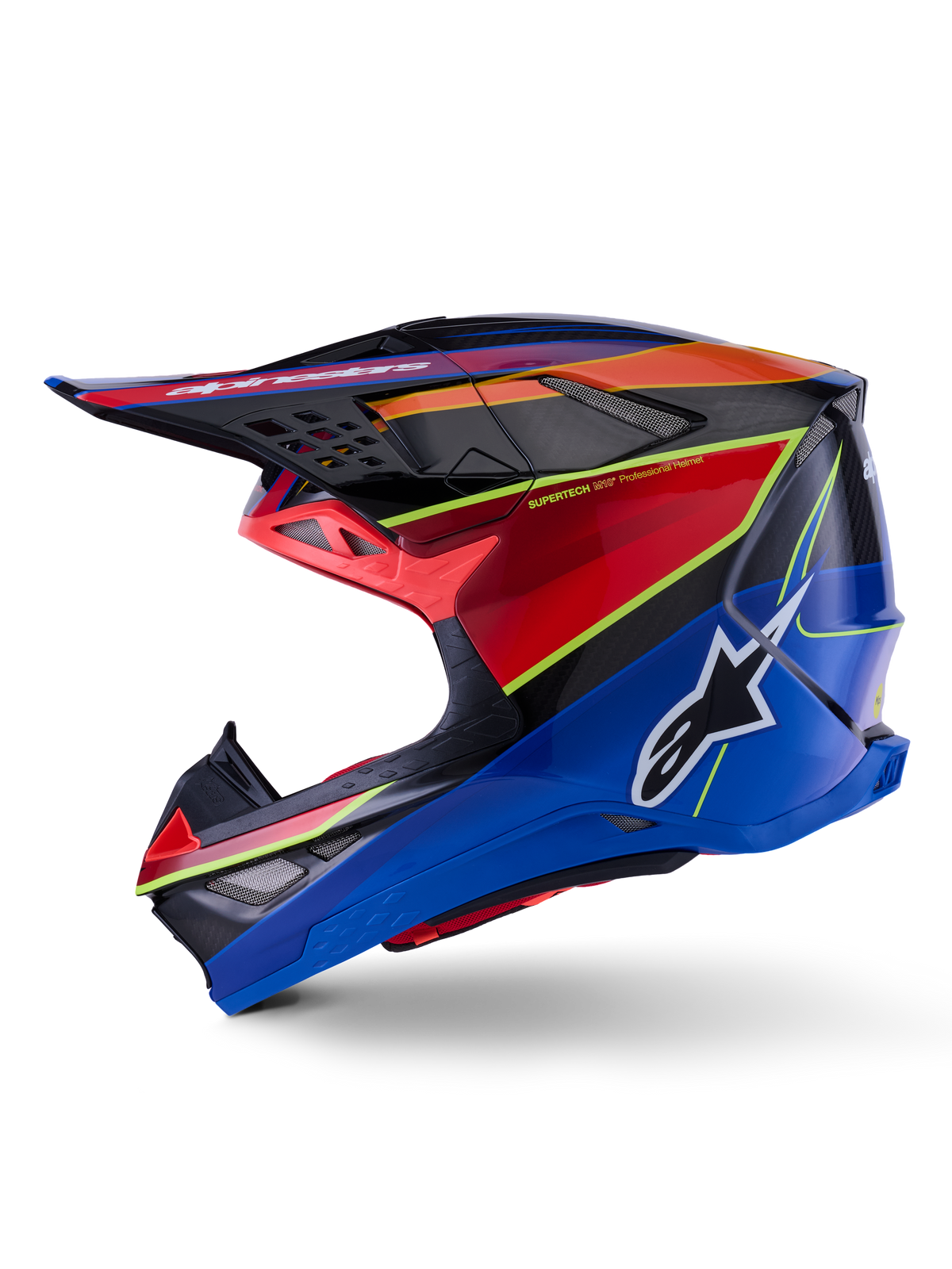Capacete Alpinestars Supertech M10 Era, capacete de motocross, azul, vermelho e amarelo fluo brilhante, vista de perfil lateral com uma calota aerodinâmica em fibra de carbono, logótipo Alpinestars em destaque na lateral e múltiplas aberturas de ventilação, equipamento profissional de competição off-road