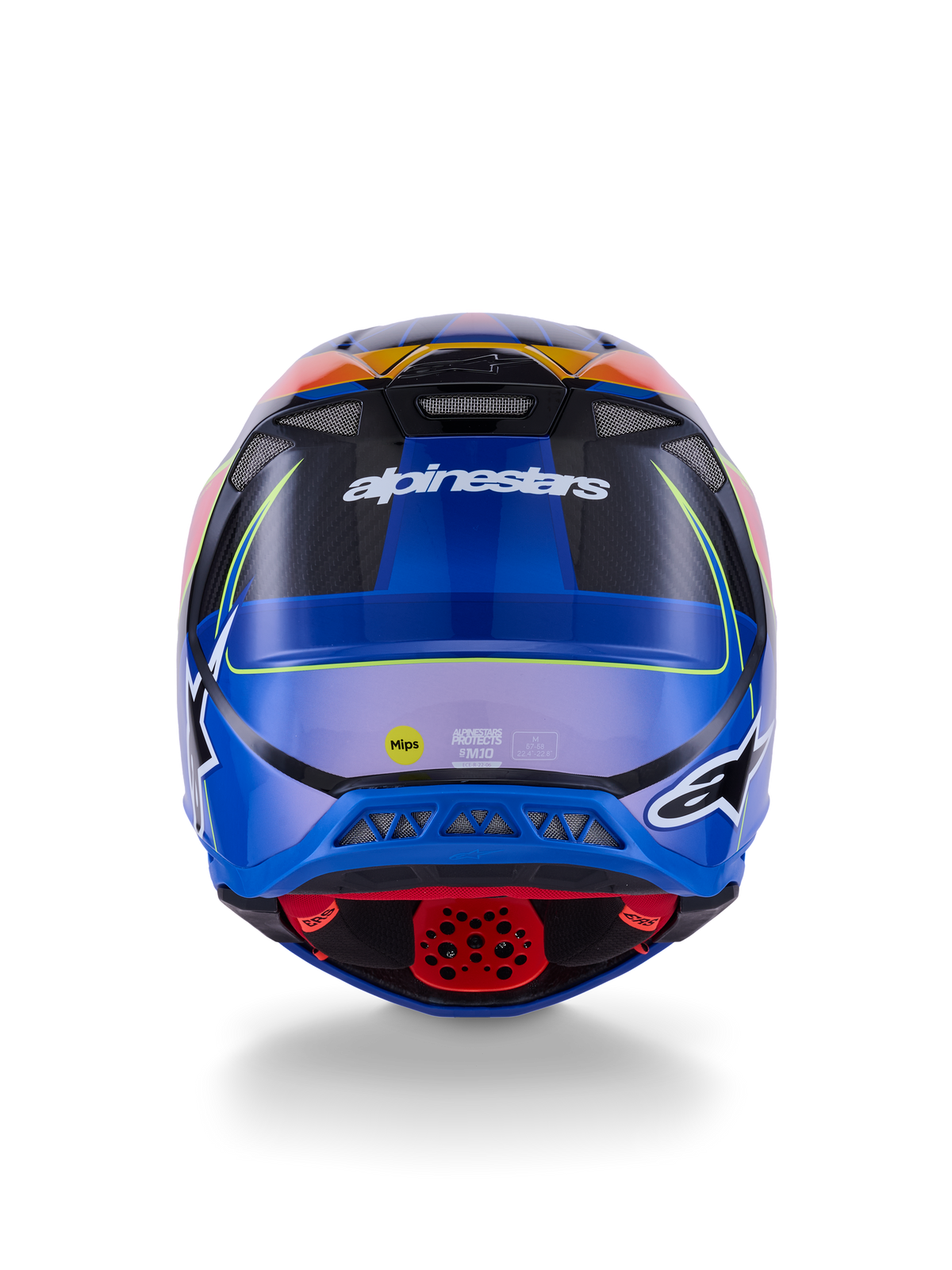 Capacete Alpinestars Supertech M10 Era, capacete de motocross, vista traseira, azul, vermelho e amarelo néon brilhante, com aberturas de ventilação, calota em compósito de carbono, logótipo Alpinestars e autocolante de segurança MIPS, proteção avançada para off-road
