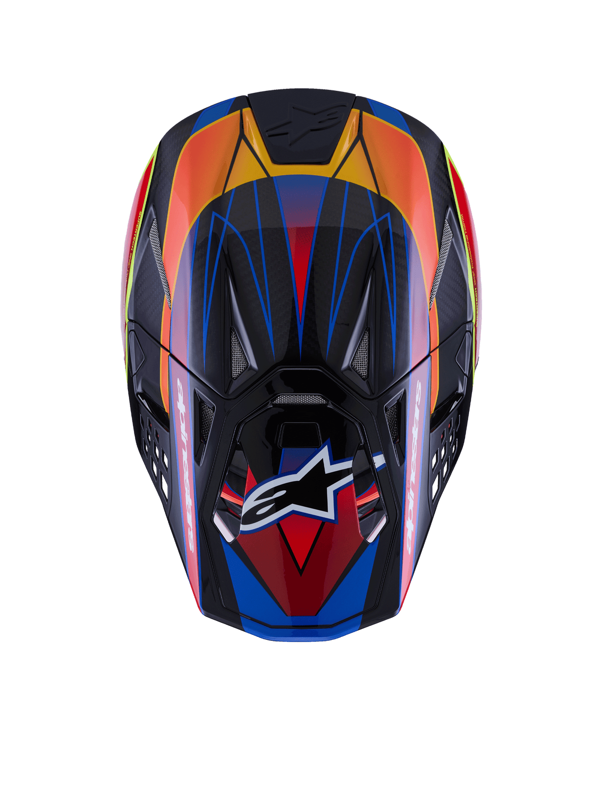 Capacete Alpinestars Supertech M10 Era, vista superior, acabamento brilhante em azul, vermelho e amarelo fluo, com concha em fibra de carbono, múltiplas entradas de ar com malha, logótipo Alpinestars na viseira, equipamento de proteção avançado para motocross