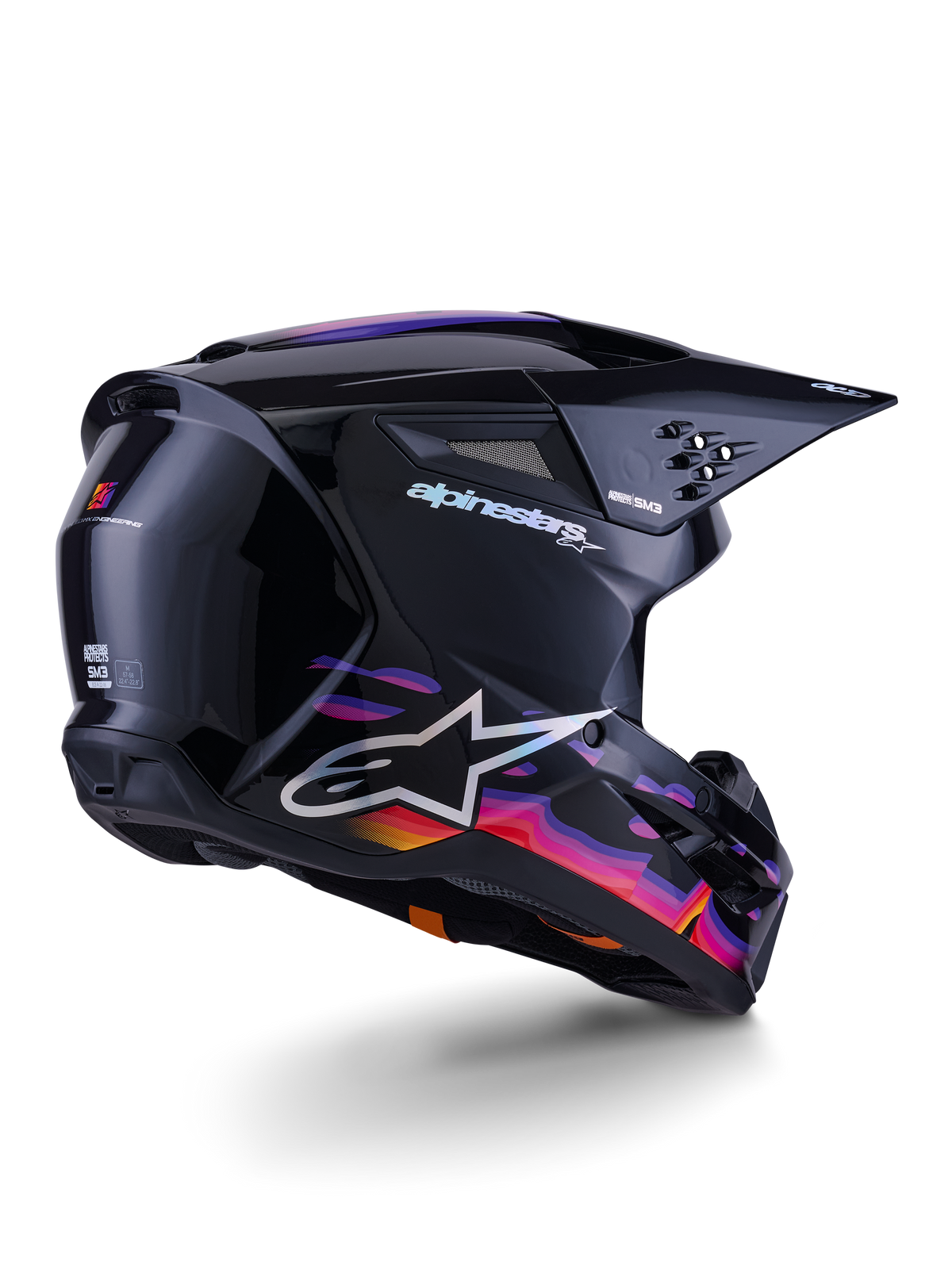 Capacete Alpinestars S-M3 Force OCD, capacete de motocross, preto brilhante com gráficos ondulados vibrantes em roxo, cor-de-rosa e laranja, com a marca Alpinestars e o logótipo A-star a branco, vista traseira de três quartos, equipamento de corrida todo-o-terreno de alta performance