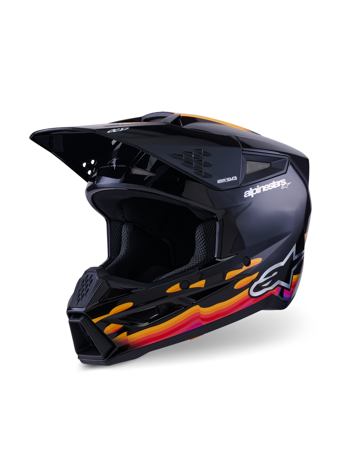 Capacete Alpinestars S-M3 Force OCD, capacete de motocross, preto brilhante com grafismos vibrantes em laranja, vermelho e roxo, com a marca Alpinestars na lateral e o logótipo OCD na viseira, design aerodinâmico com aberturas de ventilação e queixeira proeminente