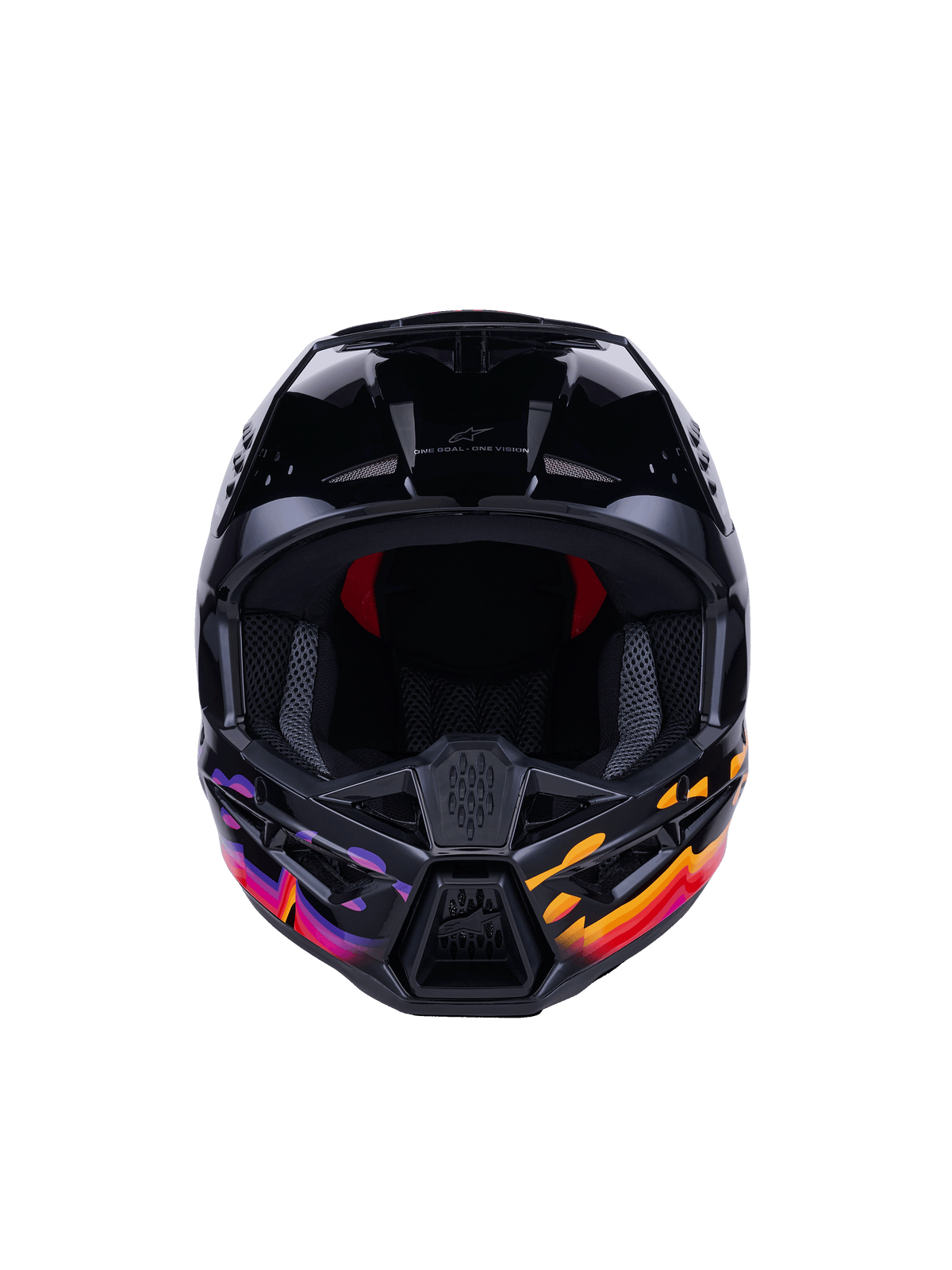 Alpinestars S-M3 Force OCD Helmet, capacete de motocross, preto brilhante com gráficos vibrantes em roxo, laranja e vermelho, vista frontal mostrando abertura ampla para os olhos e queixeira ventilada, com a inscrição 'One Goal - One Vision', equipamento profissional de corrida todo-o-terreno