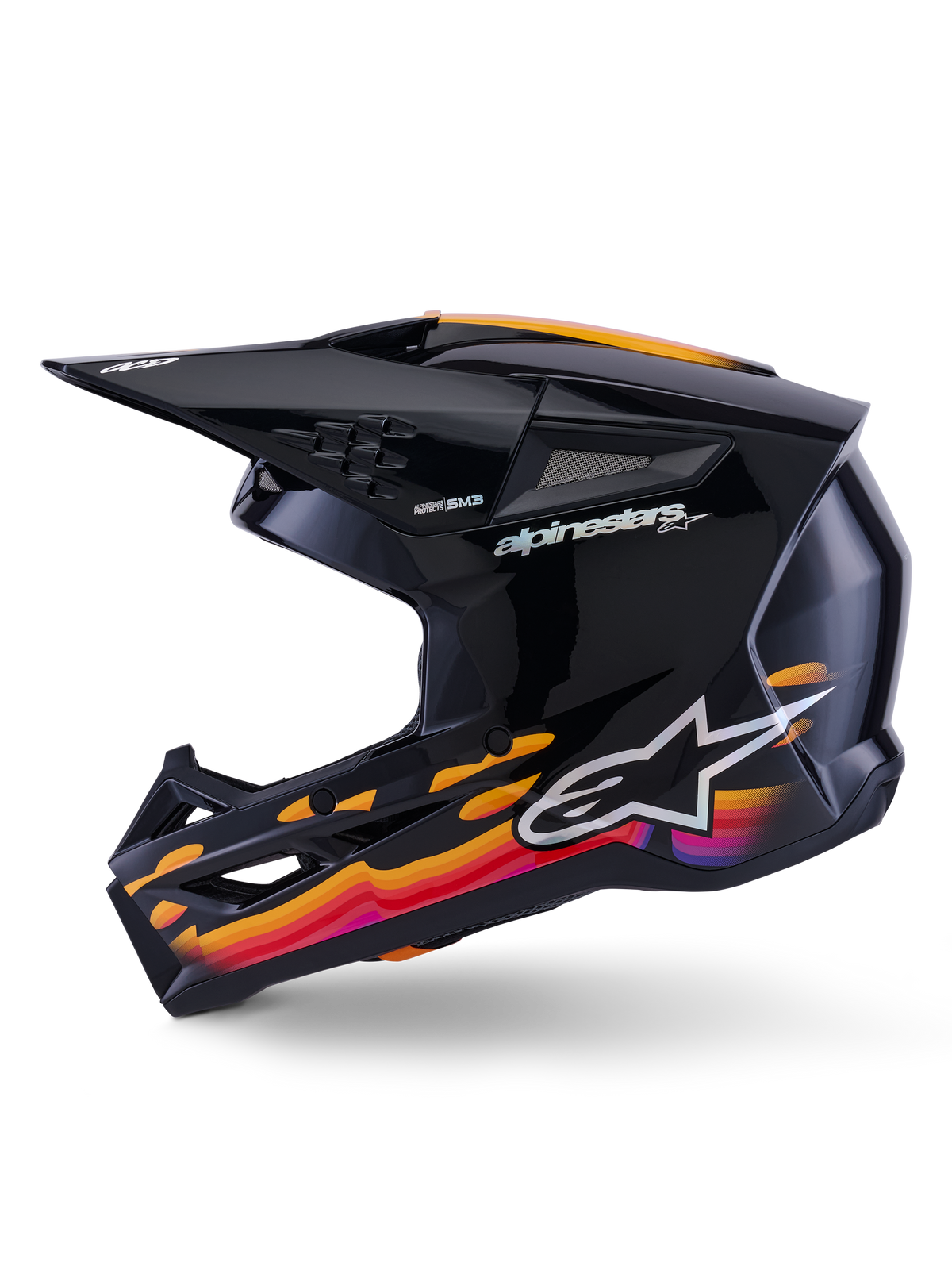 Capacete Alpinestars S-M3 Force OCD, capacete de motocross, preto brilhante com gráficos ondulados vibrantes em laranja, vermelho e roxo, vista lateral mostrando a viseira e as aberturas de ventilação, logótipo e marca Alpinestars, equipamento de corrida off-road de alta performance