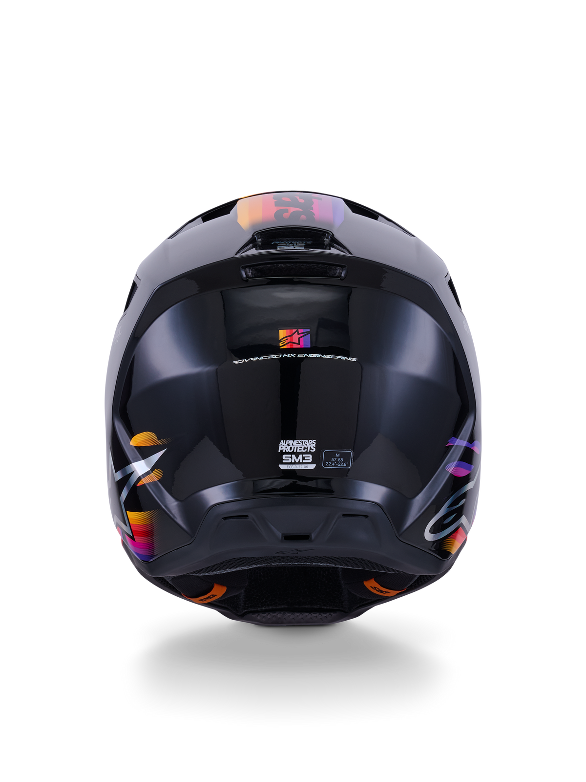 Capacete Alpinestars S-M3 Force OCD, capacete de motocross em preto brilhante, vista traseira, com gráficos vibrantes em laranja, rosa e roxo, marca de certificação ECE 22.06, design de calota aerodinâmico termo-injetado