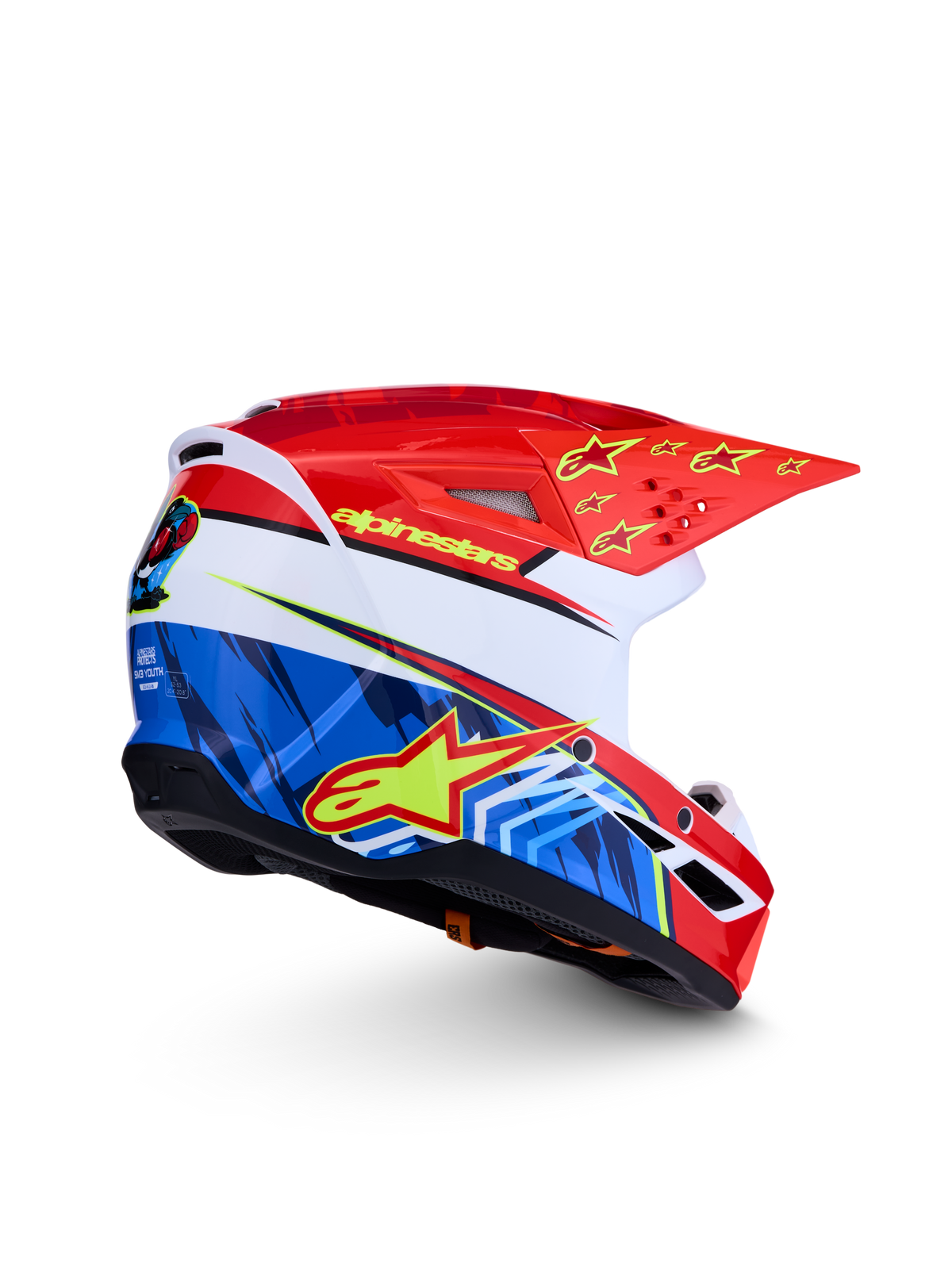 Alpinestars SM3 Falcon Jovem ECE06, capacete de motocross vermelho e azul com estrelas amarelas, homologação ECE 2206.
