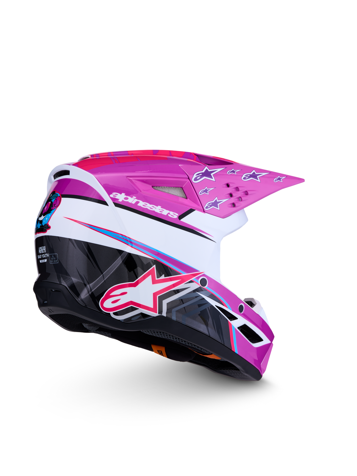 Alpinestars SM3 Youth Falcon Helmet ECE06, purple and white youth motocross helmet with glossy pink graphics, ECE certified.