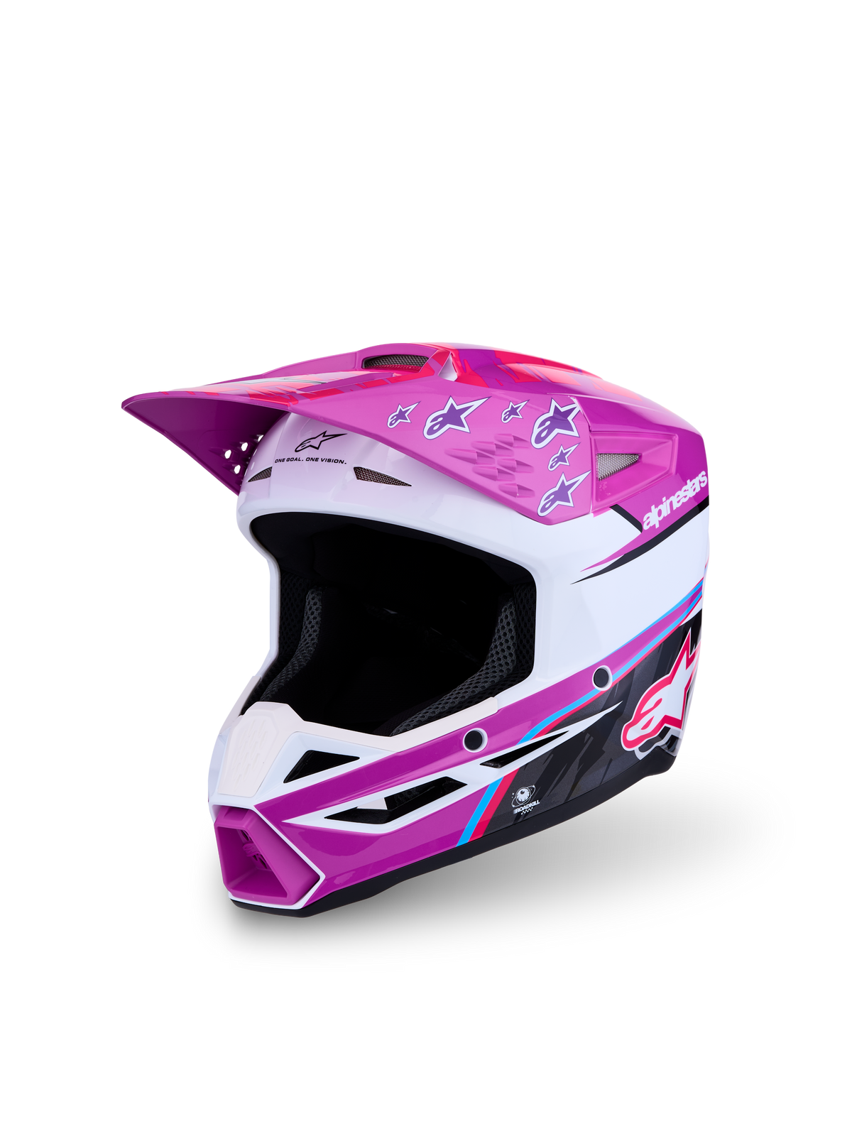 Alpinestars SM3 Youth Falcon Helmet, kids motocross racing gear, purple and white with pink accents, ECE 22.06 certified.