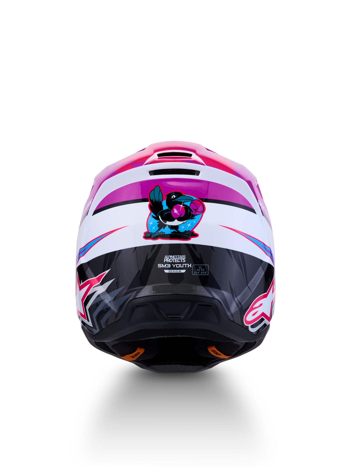 Alpinestars S-M3 Youth Falcon Helmet, Purple and White Motocross Helmet, ECE 22.06 certified with falcon graphic, size YL.