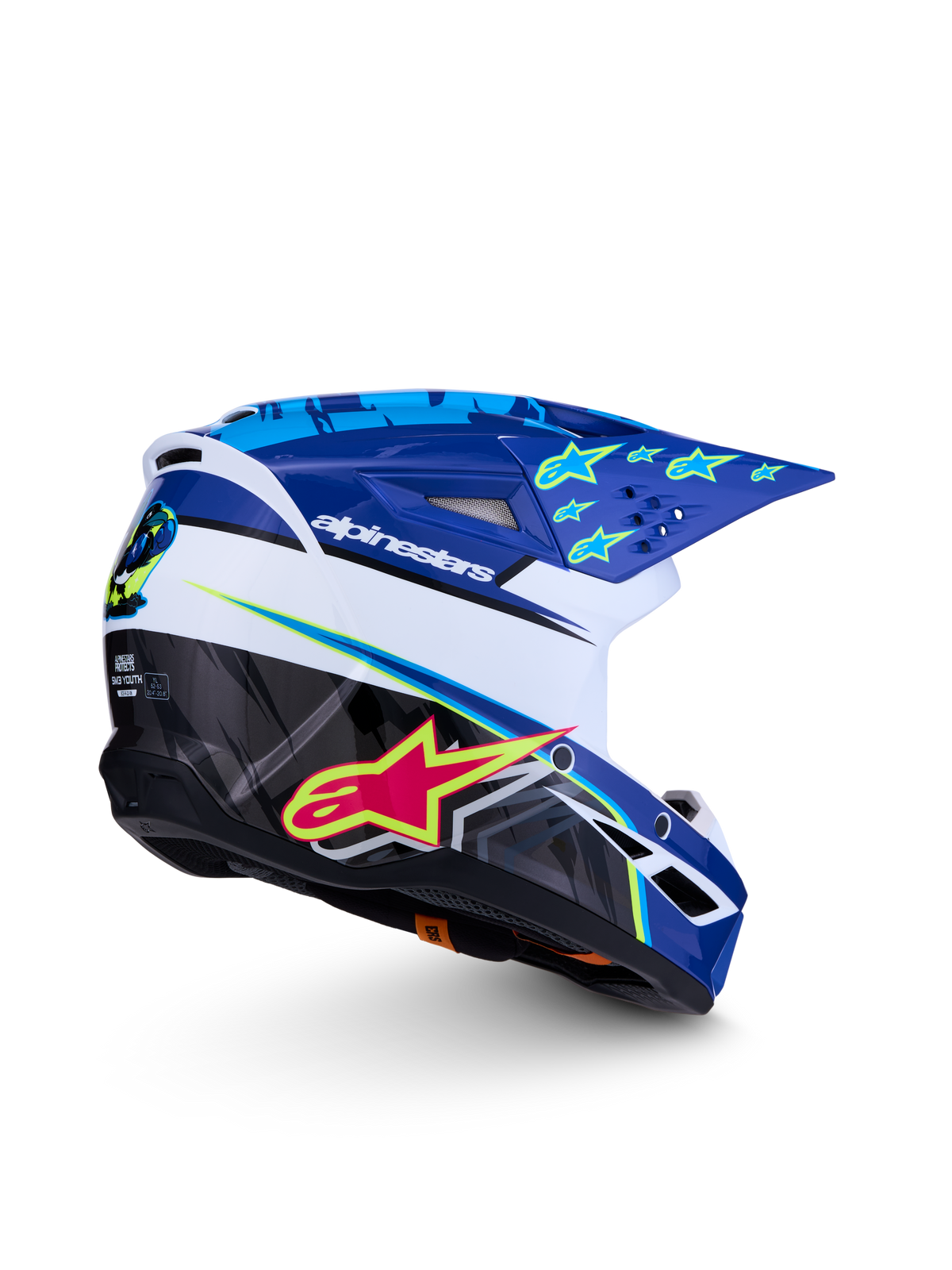Alpinestars SM3 Youth Falcon Helmet ECE06, Blue and White Youth Motocross Helmet with Pink and Yellow graphics, ECE 22.06 certified.