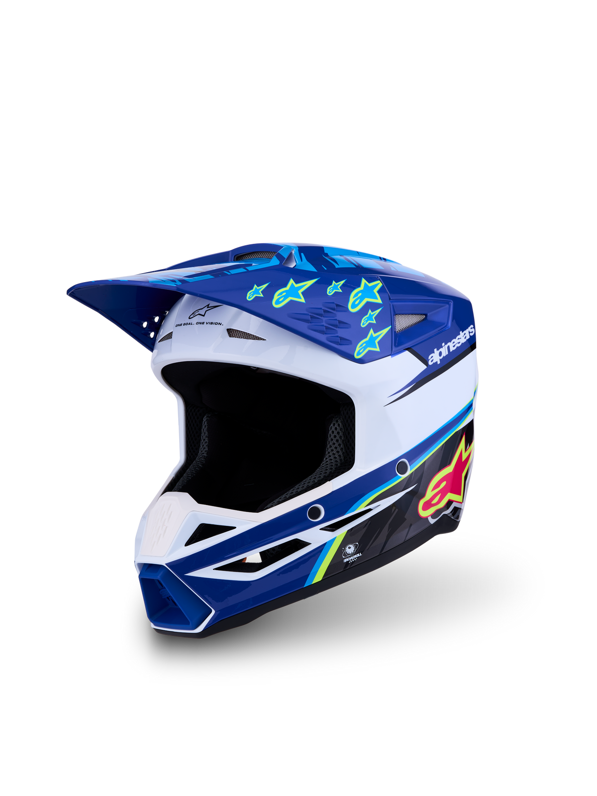 Alpinestars S-M3 Youth Falcon Helmet, blue and white youth motocross helmet with pink accents, ECE 22.06 certified.