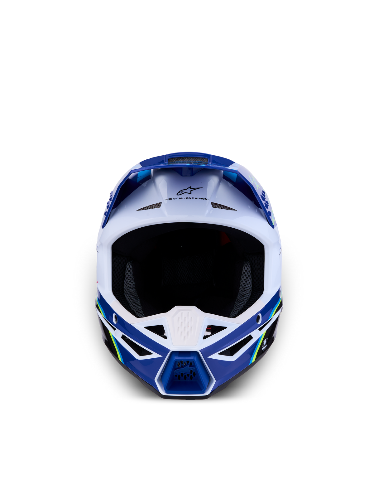 Capacete Alpinestars SM3 Falcon Jovem ECE06, em azul e branco, vista frontal para motocross e off-road, homologado ECE 22.06.