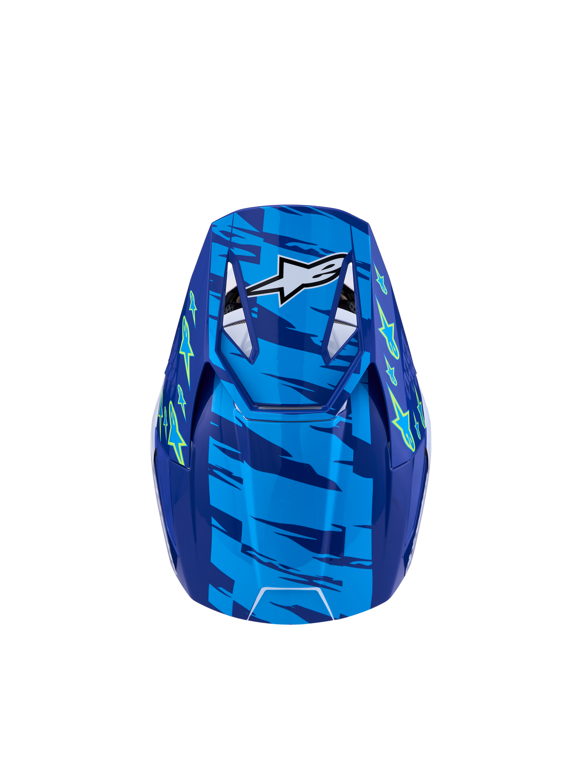 Alpinestars S-M3 Youth Falcon Helmet, blue and fluo yellow motocross gear, top view, ECE 22.06 certified.